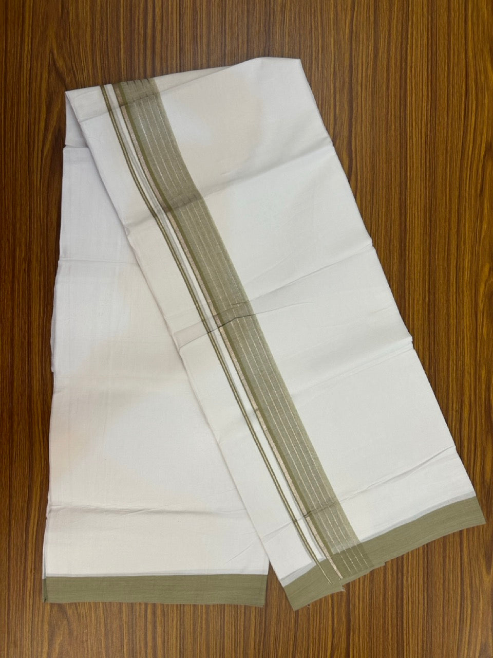 4.5 Meters (10 Muzham) - Pure white double 20% Discount ! KaithariKada Balaramapuram - 100% Pure Cotton 100x80 - Mundu/Dothi - 1.75 inch Sage Green Shaded Silver Kasav Kara - 70 KK5258 THI