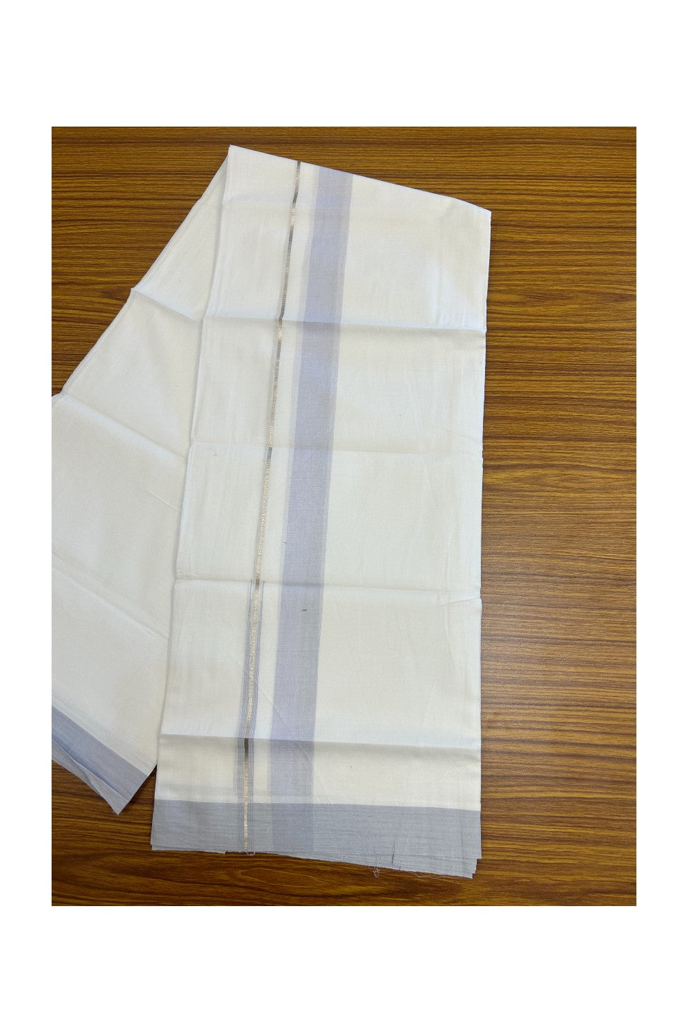 20% Discount ! Kaitharikada Balaramapuram 100% Cotton PURE WHITE Double Mundu/Dothi - 100x80 - 1.25 inch Silver Kasavu & Light Steel Blue Shaded Chutty Kara - 70KK5182VAS