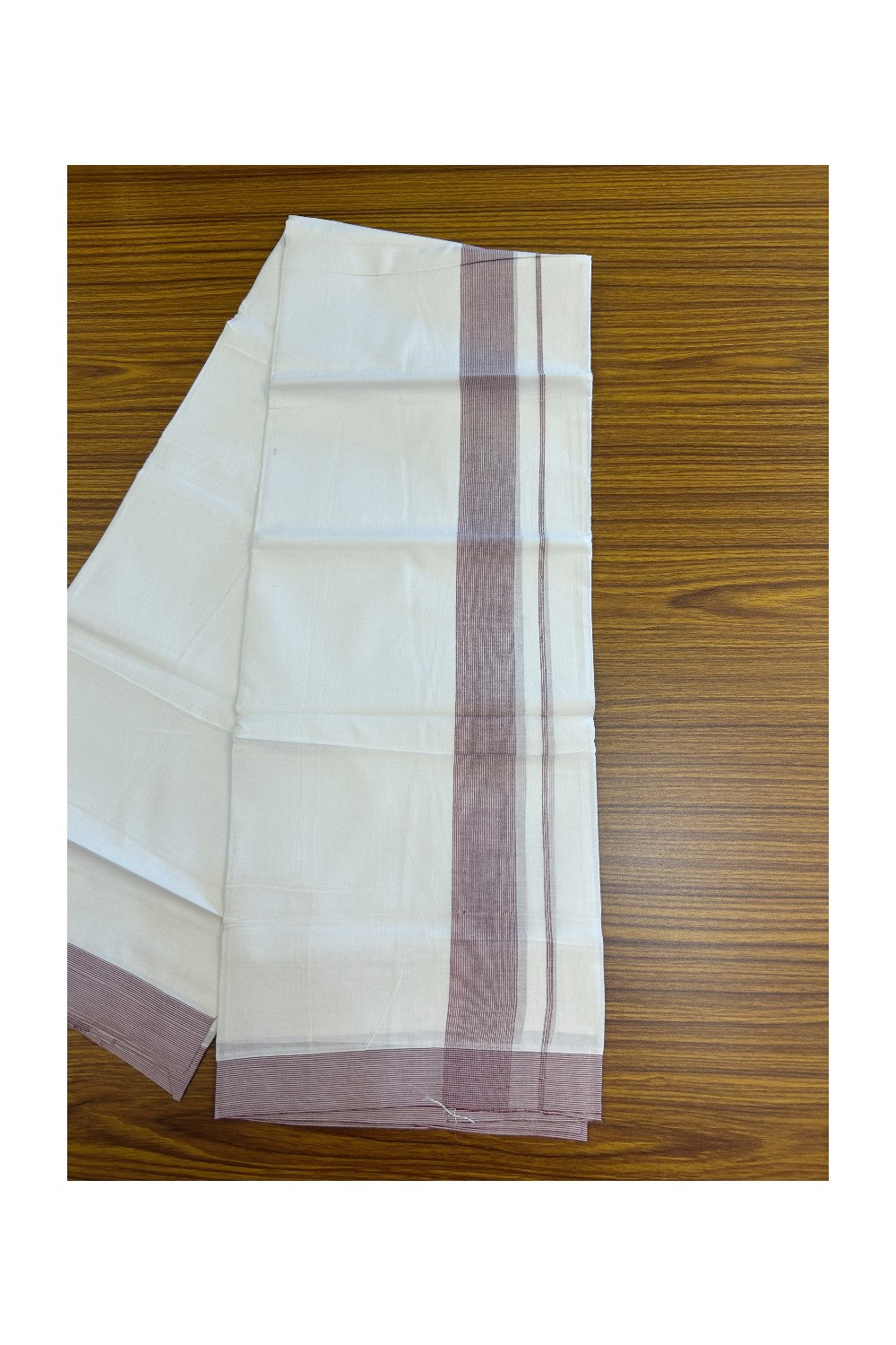 20% Discount ! Kaitharikada Balaramapuram 100% Cotton PURE WHITE Double Mundu/Dothi - 100x80 - 1.75 inch Light Maroon Stripes Kara 3.90 mtr (8 muzham) - 58KK5220 THI