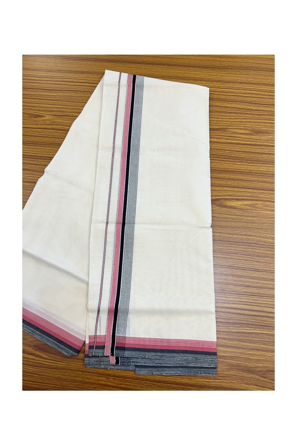 20% DISCOUNT! KaithariKada Balaramapuram 100% Cotton Double OFF WHITE (unbleached) Mundu/Dhoti- 100x80- 1.5 inch Silver Kasavu Black & Pink Stripes Shaded Kara 4 mtr (8.5 muzham) - 70KK5227 PMC