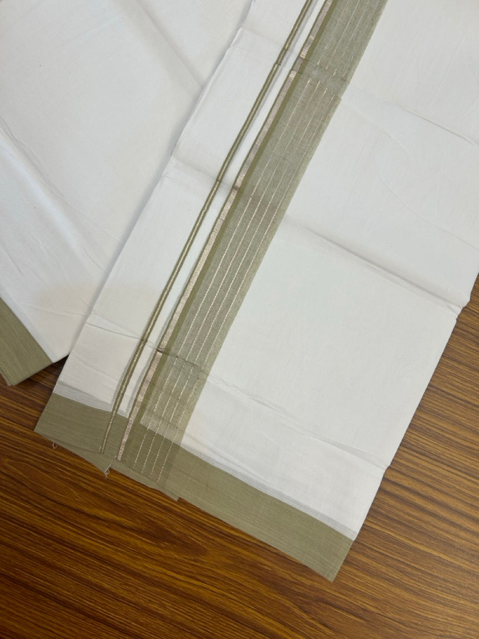 4.5 Meters (10 Muzham) - Pure white double 20% Discount ! KaithariKada Balaramapuram - 100% Pure Cotton 100x80 - Mundu/Dothi - 1.75 inch Sage Green Shaded Silver Kasav Kara - 70 KK5258 THI