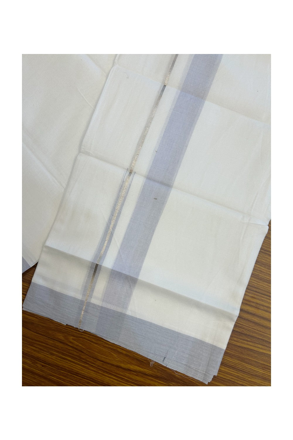 20% Discount ! Kaitharikada Balaramapuram 100% Cotton PURE WHITE Double Mundu/Dothi - 100x80 - 1.25 inch Silver Kasavu & Light Steel Blue Shaded Chutty Kara - 70KK5182VAS