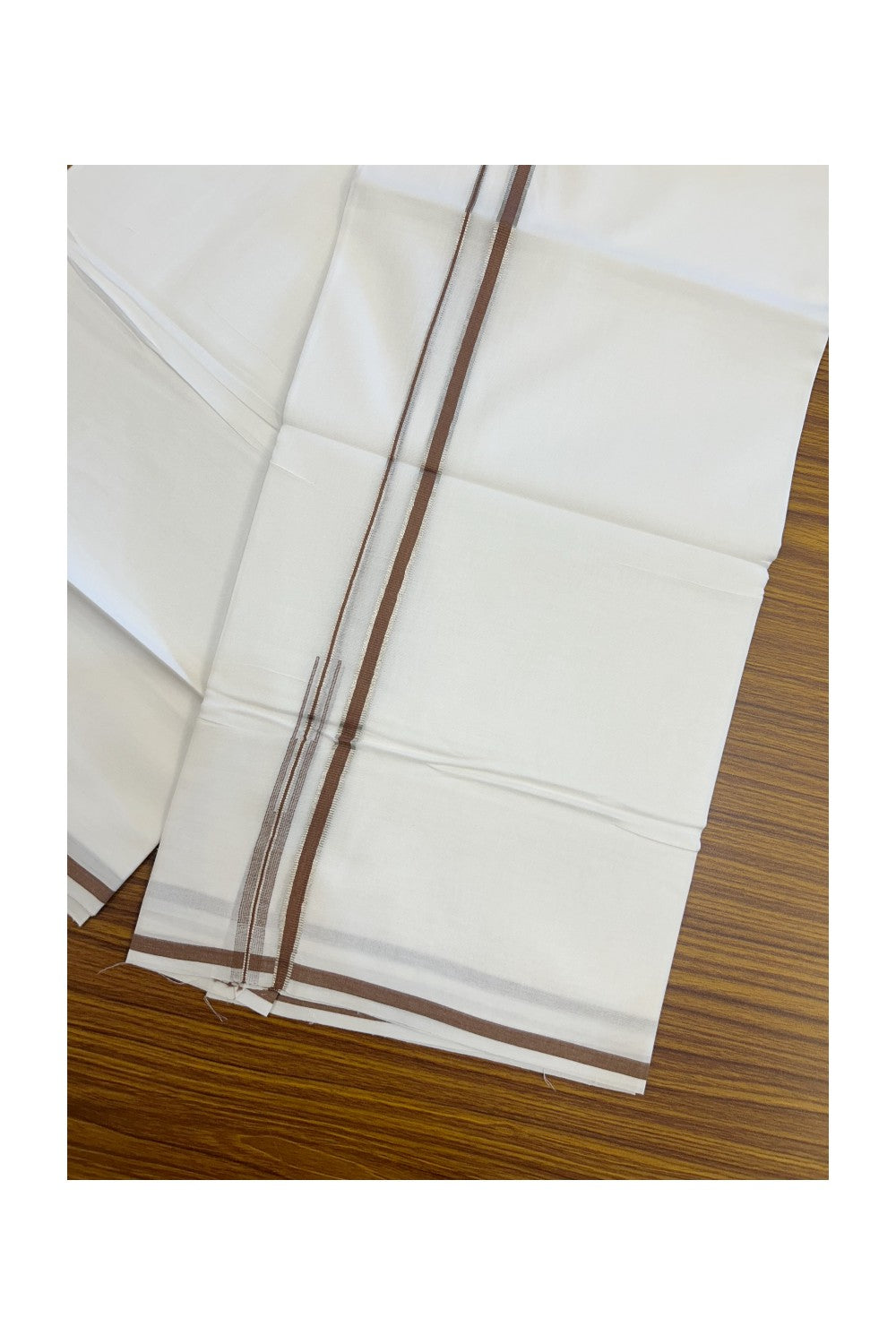 20% Discount ! Kaitharikada Balaramapuram 100% Cotton PURE WHITE Double Mundu/Dothi - 100x90 - 1 cm Silver Kasavu & Brown Chutty Kara - 70KK5217 CKS