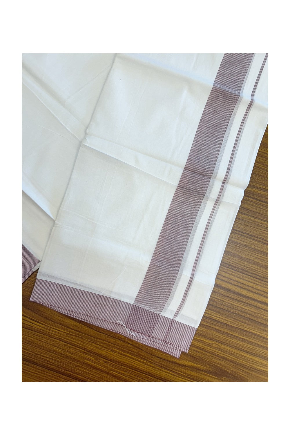20% Discount ! Kaitharikada Balaramapuram 100% Cotton PURE WHITE Double Mundu/Dothi - 100x80 - 1.75 inch Light Maroon Stripes Kara 3.90 mtr (8 muzham) - 58KK5220 THI