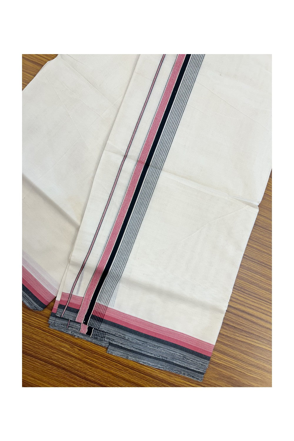 20% DISCOUNT! KaithariKada Balaramapuram 100% Cotton Double OFF WHITE (unbleached) Mundu/Dhoti- 100x80- 1.5 inch Silver Kasavu Black & Pink Stripes Shaded Kara 4 mtr (8.5 muzham) - 70KK5227 PMC