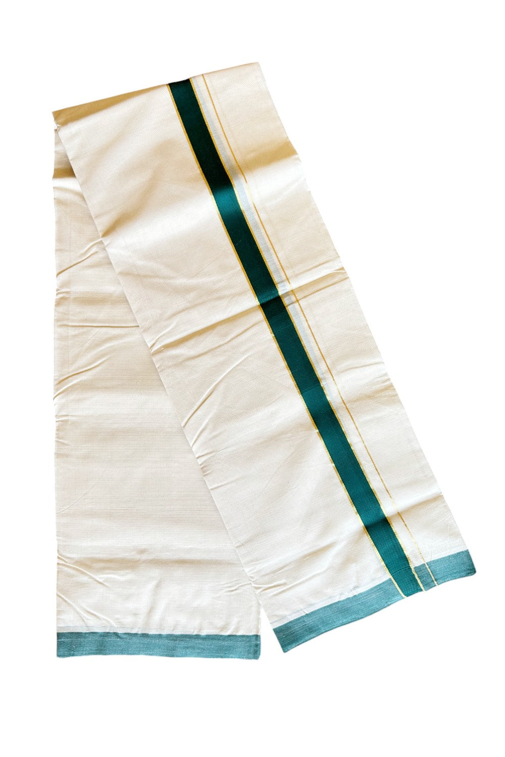 20% Discount KaithariKada Balaramapuram 100% Cotton Double Off white - (Unbleached) Mundu/Dhoti-100x80 - 1.5 inch Gold Kasavu & Dark Green Kara 3.75 mtr (8 Muzham) - 71KK500KK