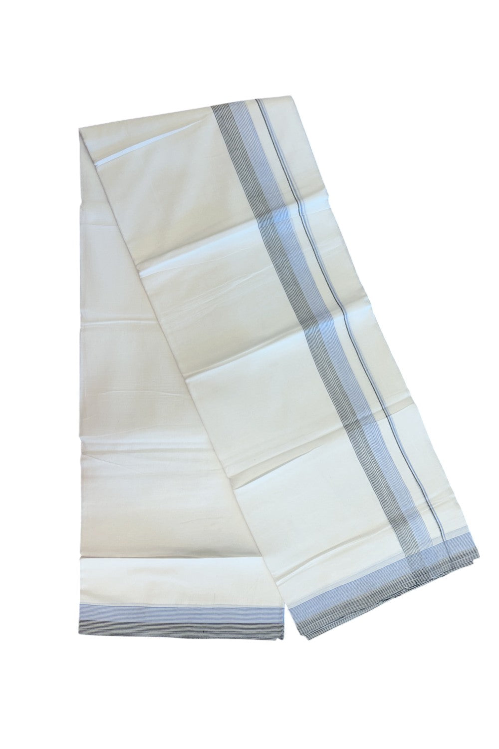 20% Discount ! Kaitharikada Balaramapuram 100% Cotton PURE WHITE Double Mundu/Dothi - 100x80 - 1.75 inch Light Blue & Black Stripes Kara 3.90 mtr (8 muzham) - 61KK5220 THI