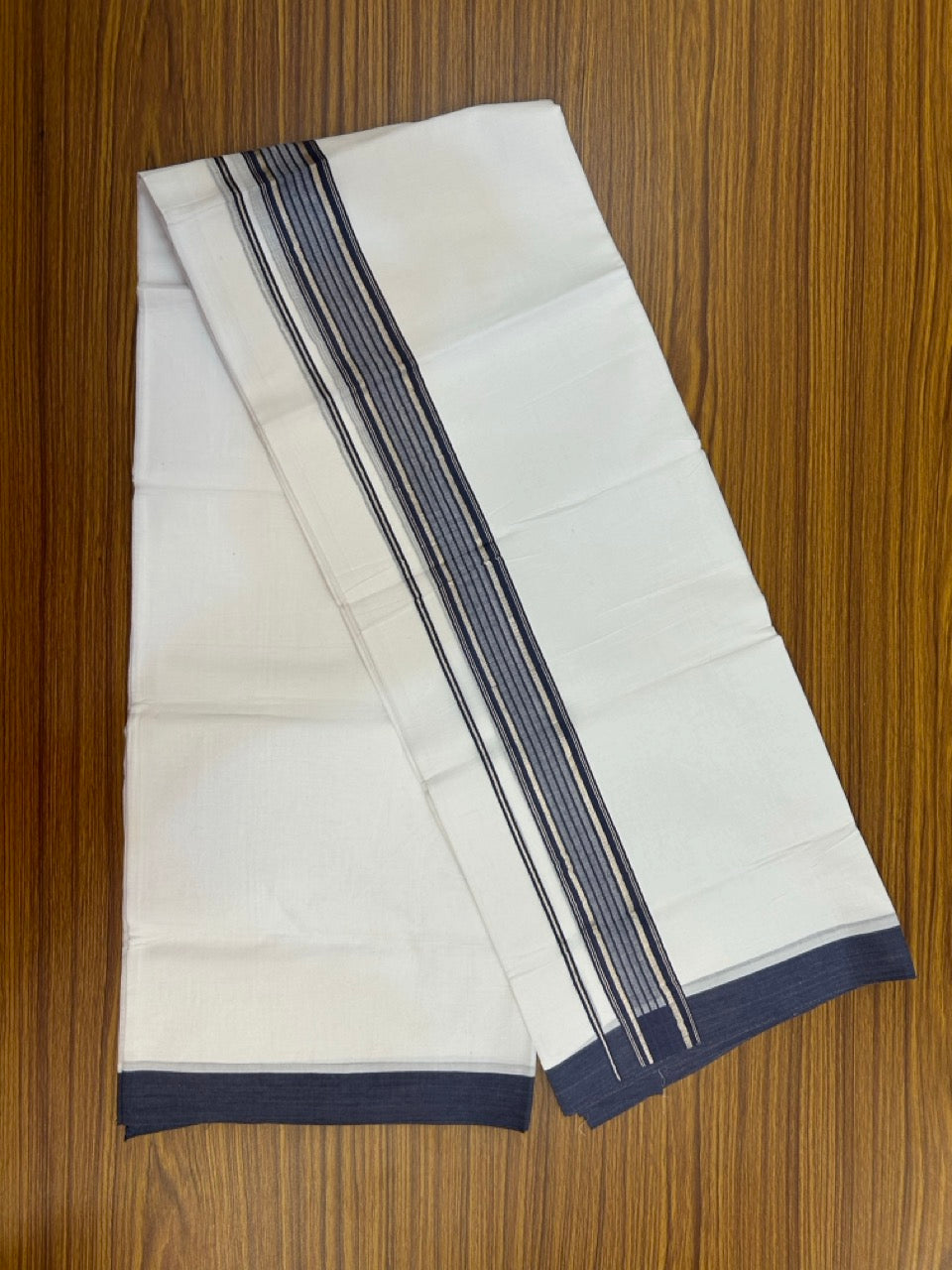4.5 Meters (10 Muzham) - Pure white double 20% Discount ! KaithariKada Balaramapuram - 100% Pure Cotton 100x80 - Mundu/Dothi - 1.75 inch Navy Blue Silver Kasav Kara - 71 KK5258 THI