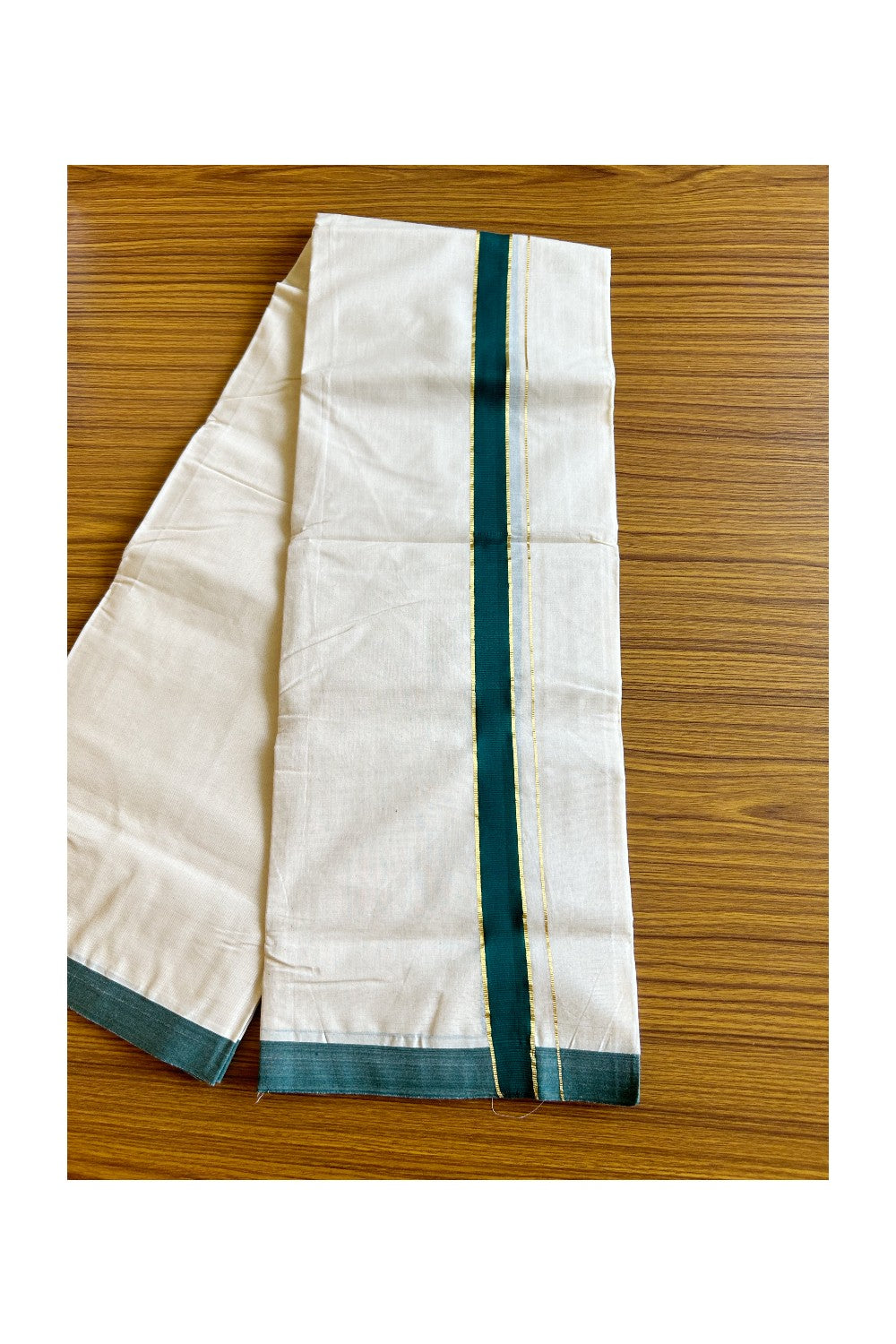 20% Discount KaithariKada Balaramapuram 100% Cotton Double Off white - (Unbleached) Mundu/Dhoti-100x80 - 1.5 inch Gold Kasavu & Dark Green Kara 3.75 mtr (8 Muzham) - 71KK500KK