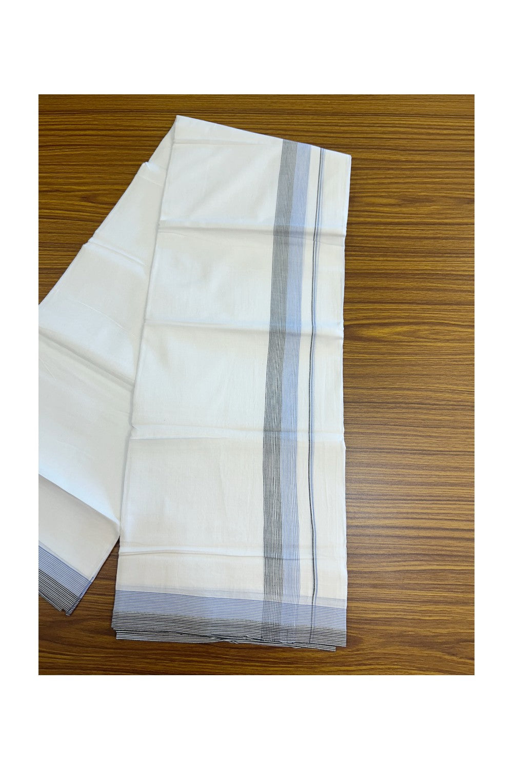 20% Discount ! Kaitharikada Balaramapuram 100% Cotton PURE WHITE Double Mundu/Dothi - 100x80 - 1.75 inch Light Blue & Black Stripes Kara 3.90 mtr (8 muzham) - 61KK5220 THI