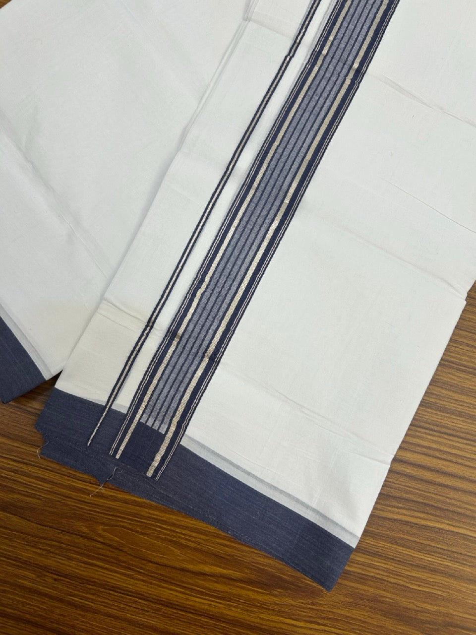 4.5 Meters (10 Muzham) - Pure white double 20% Discount ! KaithariKada Balaramapuram - 100% Pure Cotton 100x80 - Mundu/Dothi - 1.75 inch Navy Blue Silver Kasav Kara - 71 KK5258 THI