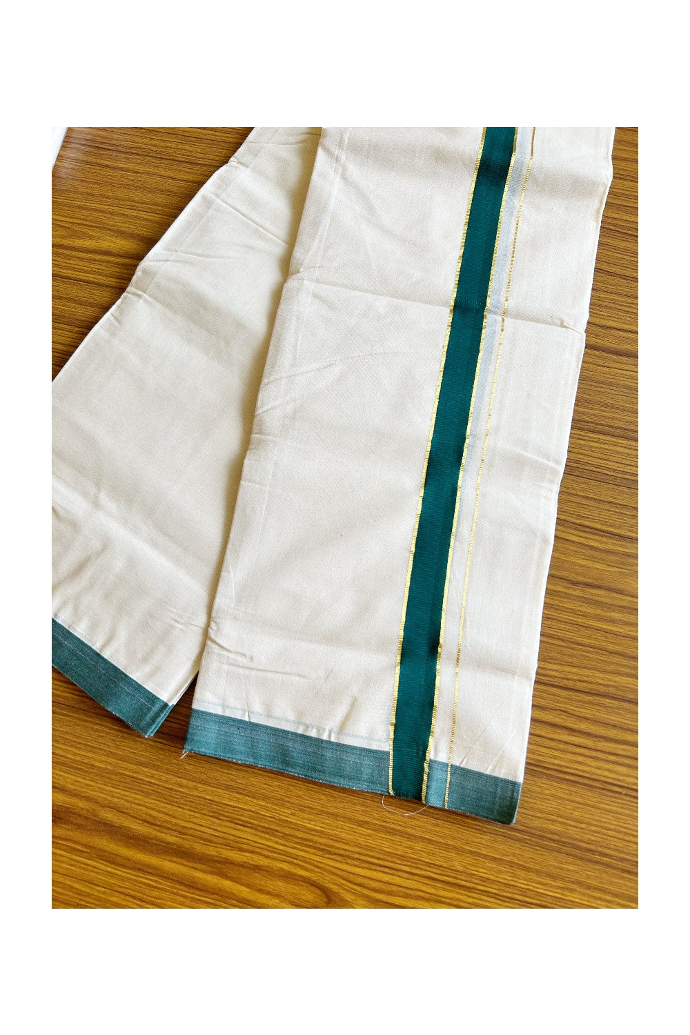 20% Discount KaithariKada Balaramapuram 100% Cotton Double Off white - (Unbleached) Mundu/Dhoti-100x80 - 1.5 inch Gold Kasavu & Dark Green Kara 3.75 mtr (8 Muzham) - 71KK500KK