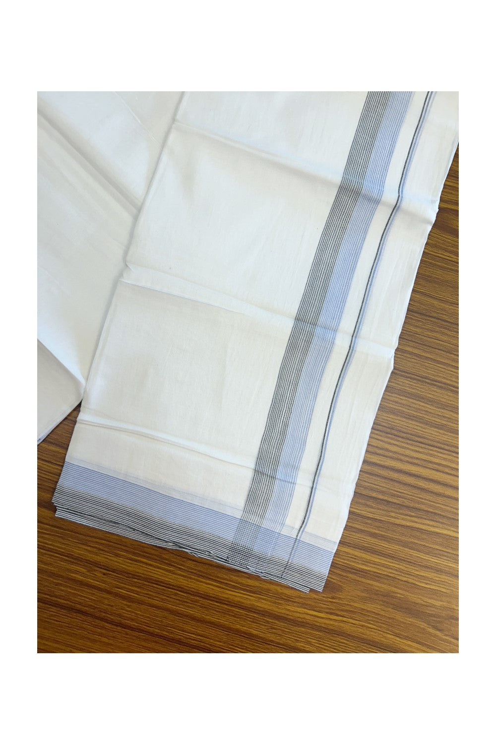 20% Discount ! Kaitharikada Balaramapuram 100% Cotton PURE WHITE Double Mundu/Dothi - 100x80 - 1.75 inch Light Blue & Black Stripes Kara 3.90 mtr (8 muzham) - 61KK5220 THI