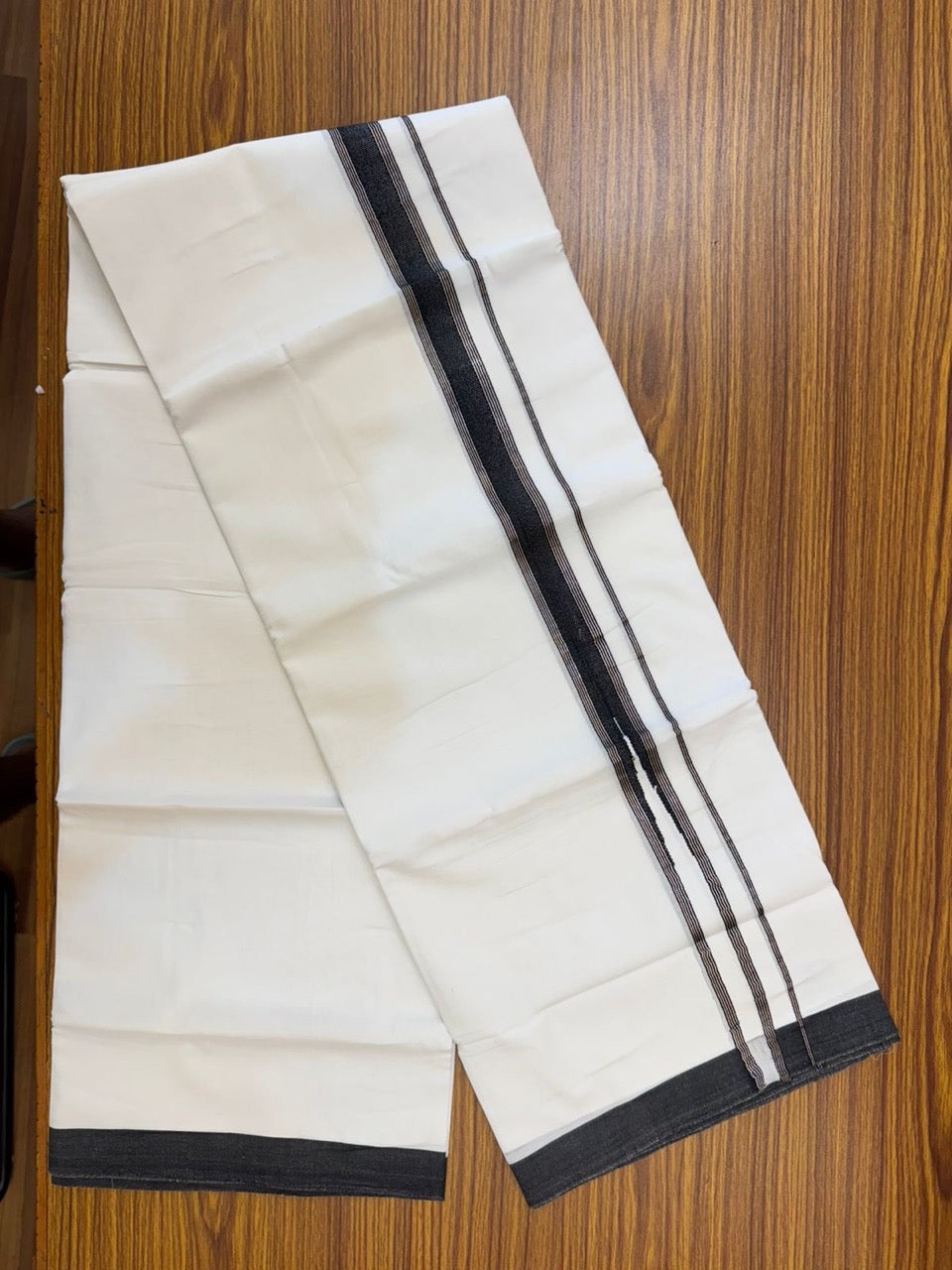 20% Discount ! Kaitharikada Balaramapuram 100% Cotton Pure White Double Mundu/Dothi - 100x80 - 1 inch Puliyilakkara Black & Silver Kasav Striped Heavy One Side Chutty Kara 4 mtr (8.5 muzham) - 64 KK5255 VAS