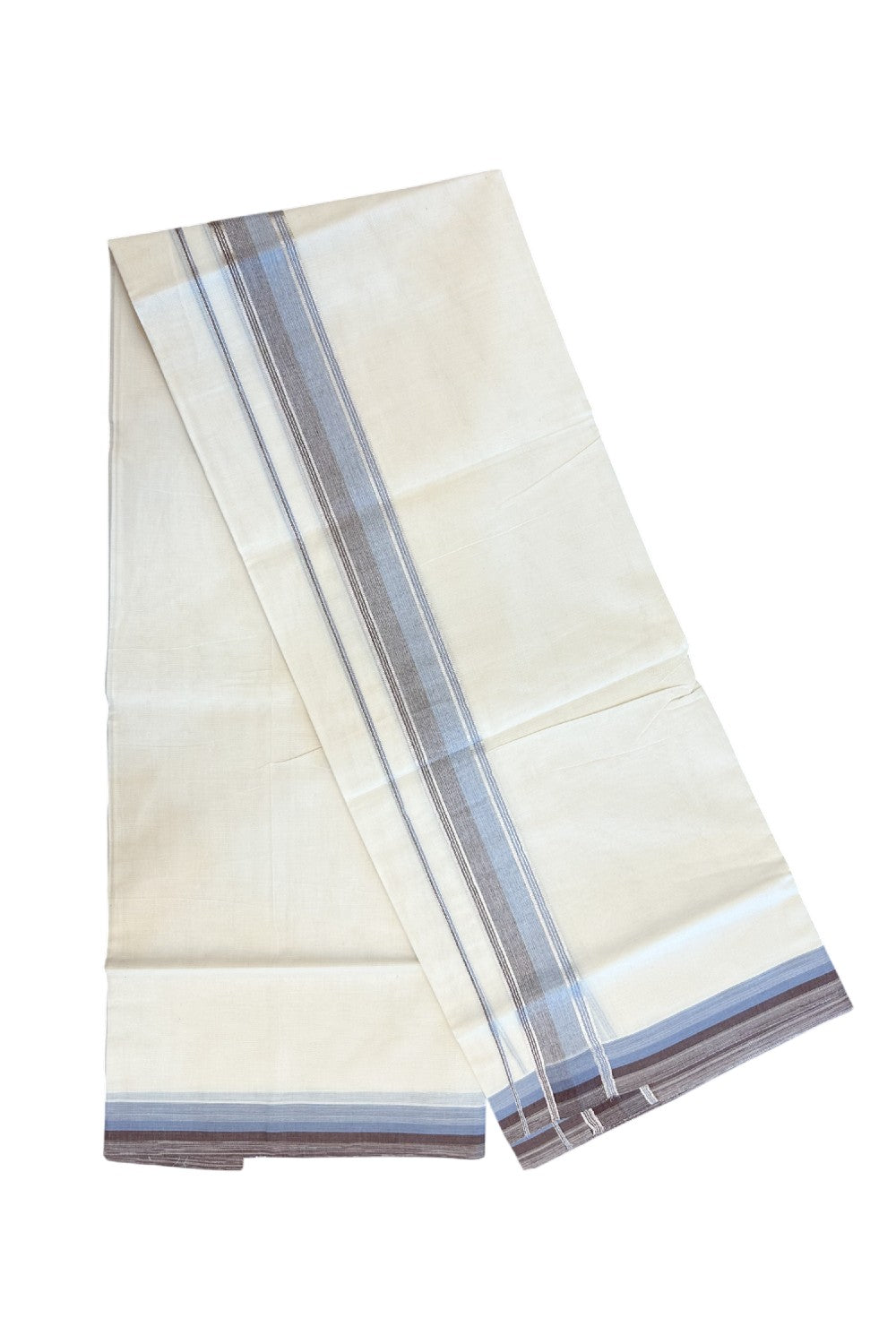 20% DISCOUNT! KaithariKada Balaramapuram 100% Cotton Double OFF WHITE (unbleached) Mundu/Dhoti- 100x80- 1.75 inch Silver Kasavu Light Blue & Brown Stripes Shaded Kara 4 mtr (8.5 muzham) - 71KK5227 PMC