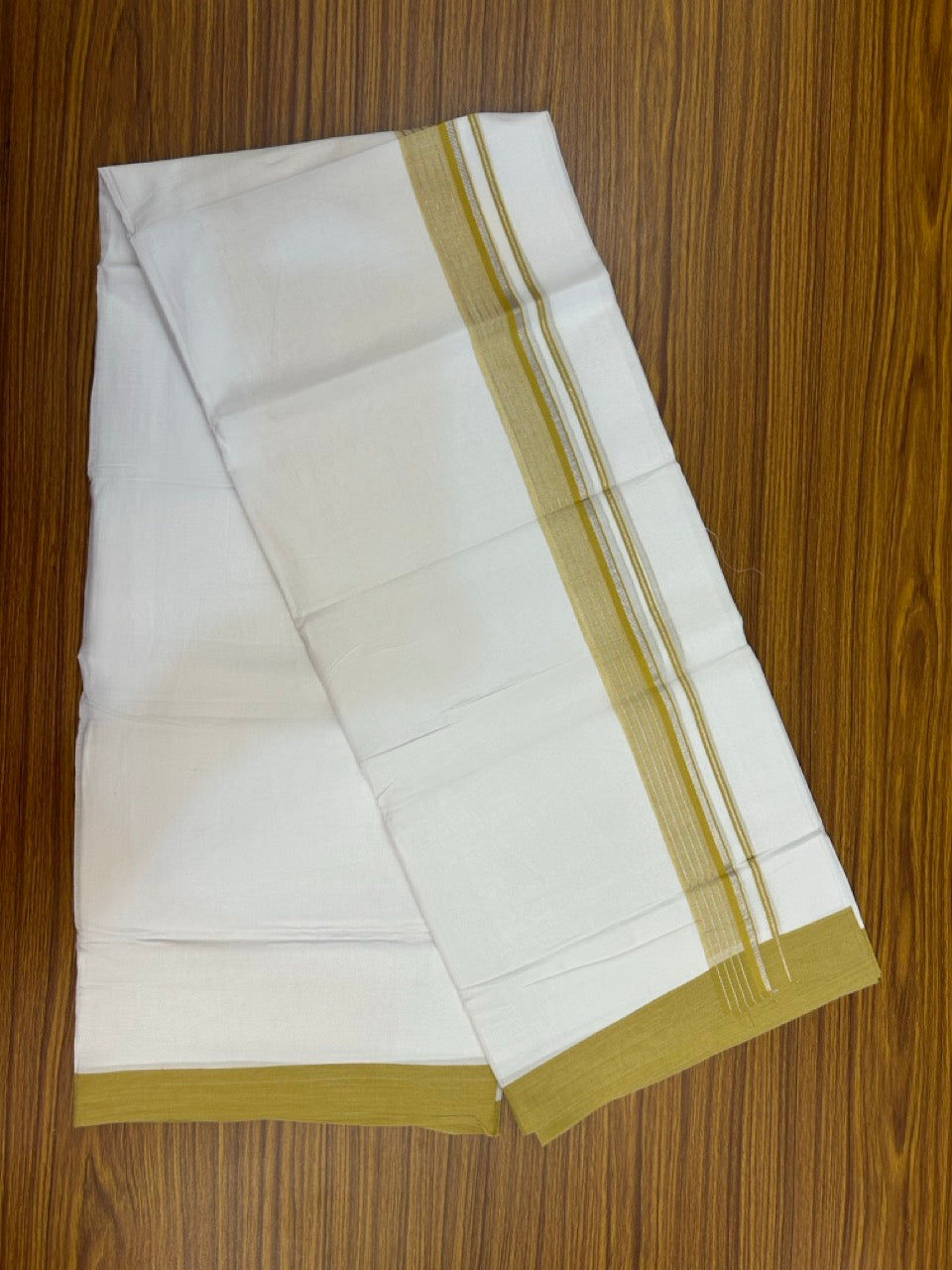 4.5 Meters (10 Muzham) - Pure white double 20% Discount ! KaithariKada Balaramapuram - 100% Pure Cotton 100x80 - Mundu/Dothi - 1.75 inch Mustard Yellow Silver Kasav Kara - 72 KK5258 THI