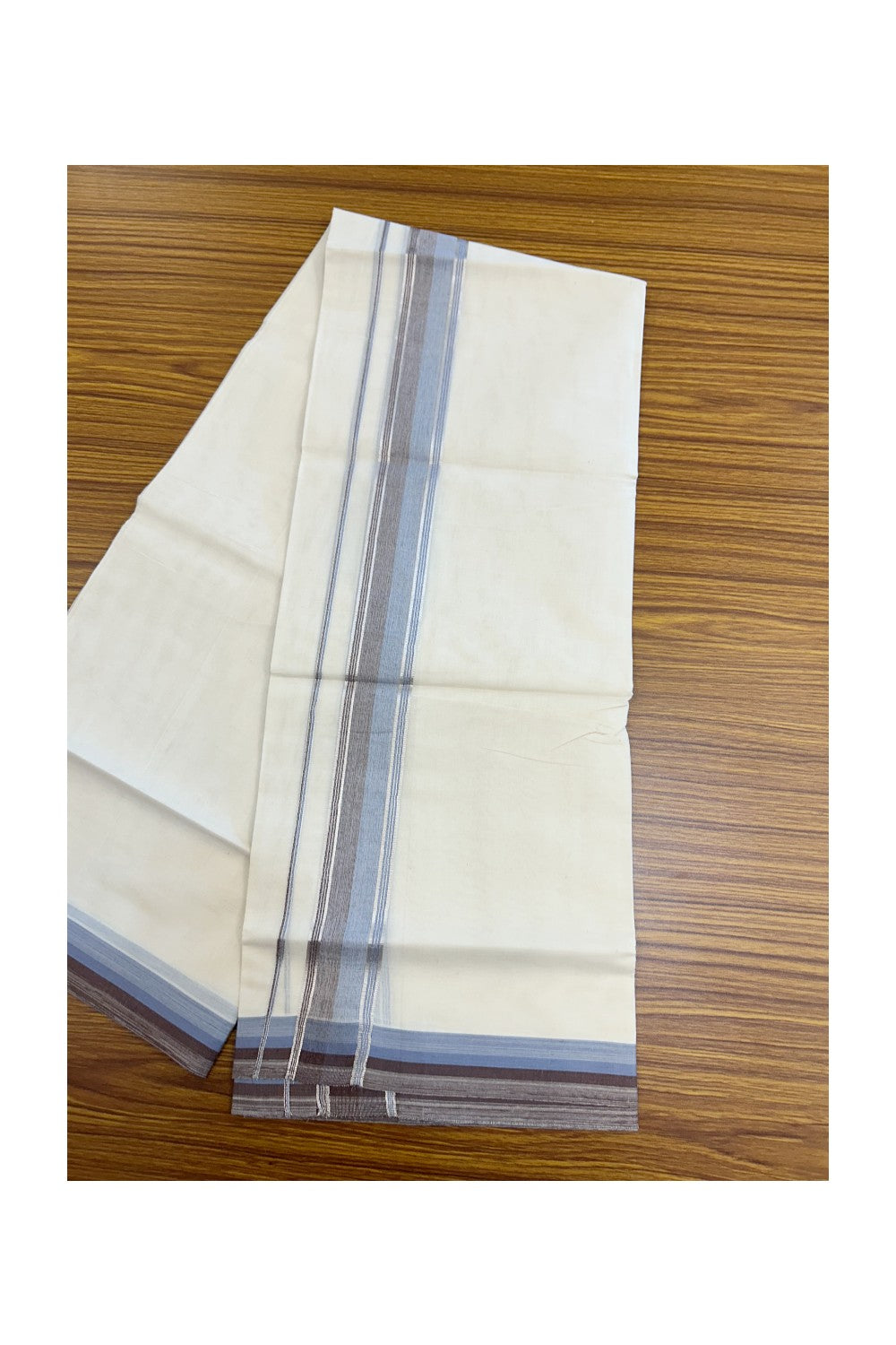 20% DISCOUNT! KaithariKada Balaramapuram 100% Cotton Double OFF WHITE (unbleached) Mundu/Dhoti- 100x80- 1.75 inch Silver Kasavu Light Blue & Brown Stripes Shaded Kara 4 mtr (8.5 muzham) - 71KK5227 PMC