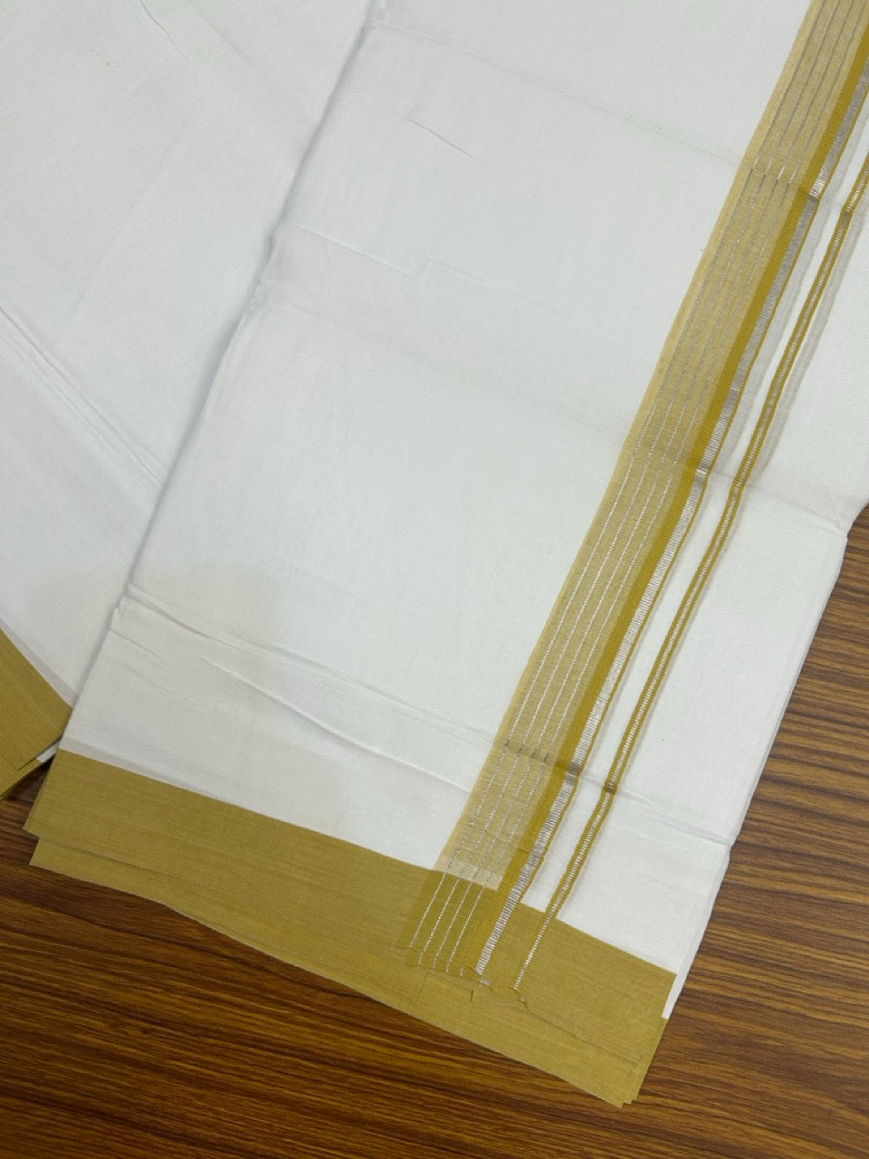 4.5 Meters (10 Muzham) - Pure white double 20% Discount ! KaithariKada Balaramapuram - 100% Pure Cotton 100x80 - Mundu/Dothi - 1.75 inch Mustard Yellow Silver Kasav Kara - 72 KK5258 THI