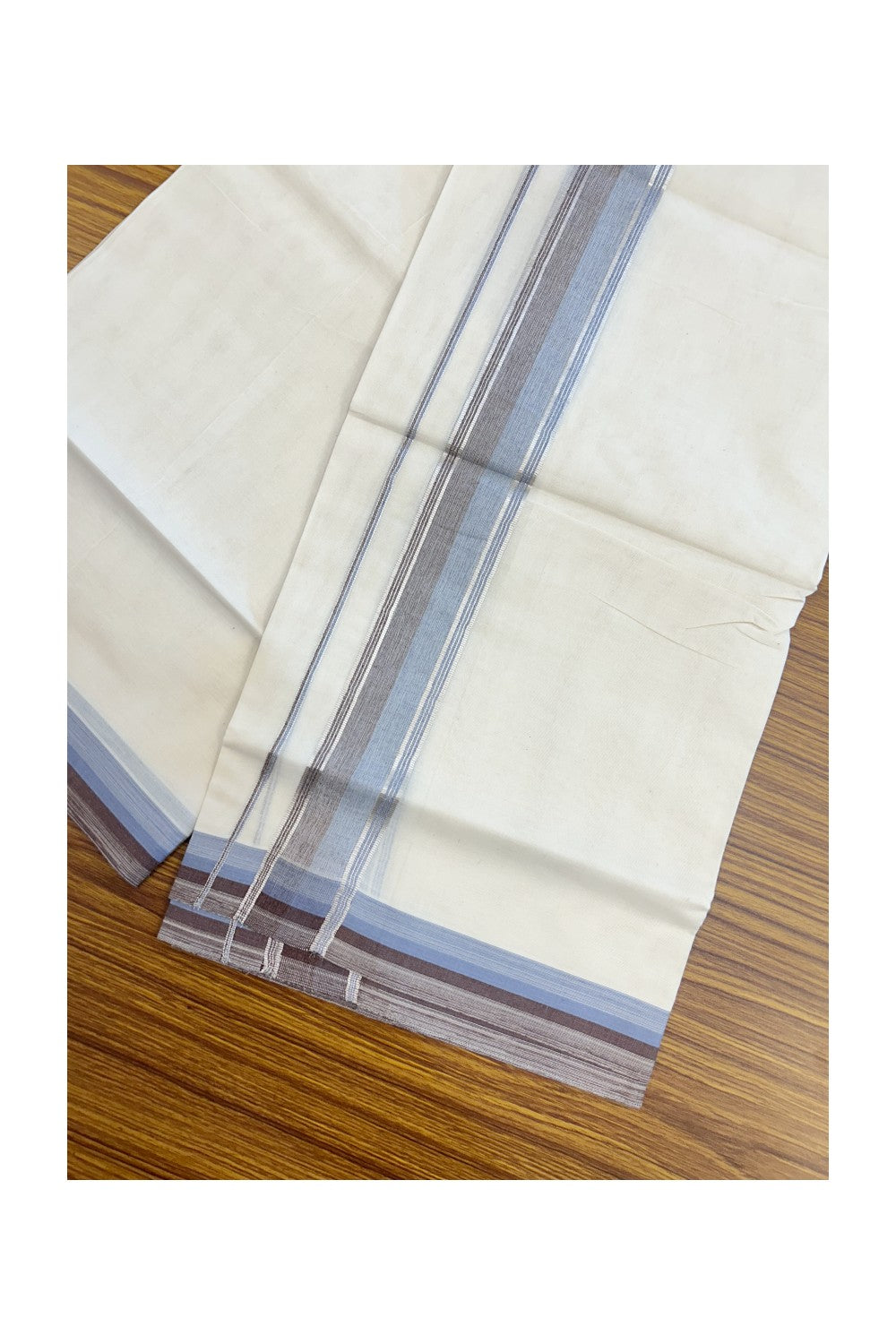 20% DISCOUNT! KaithariKada Balaramapuram 100% Cotton Double OFF WHITE (unbleached) Mundu/Dhoti- 100x80- 1.75 inch Silver Kasavu Light Blue & Brown Stripes Shaded Kara 4 mtr (8.5 muzham) - 71KK5227 PMC