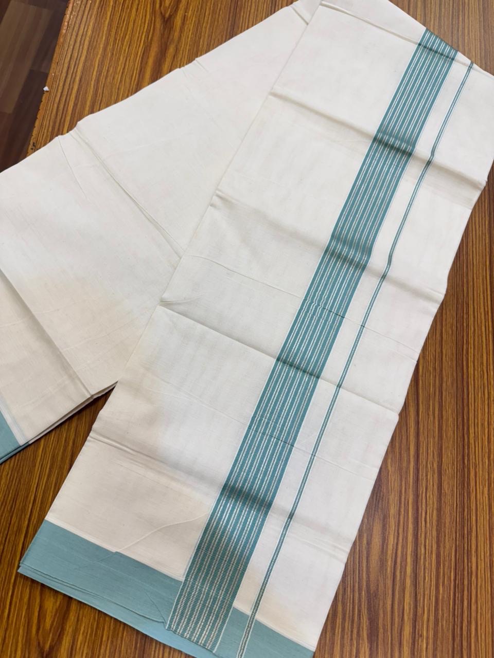 20% Discount! KaithariKada Balaramapuram 100% Cotton Off white Double Mundu/Dhoti - (100x80)S - 1.75 inch Light Sea Green & Silver Kasav Striped Kara - 4mtr (8.5muzham) - 81 KK5255 VAS