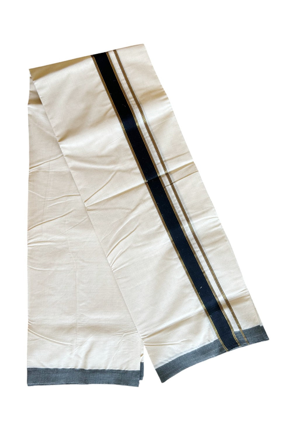 8% DISCOUNT! KaithariKada Balaramapuram 100% Cotton Double Off white - (Unbleached) Mundu/Dhoti-100X100- 1.75 inch Black & Kasavu Striped Kara 3.70 mtr (8 Muzham) - 73KK500KK