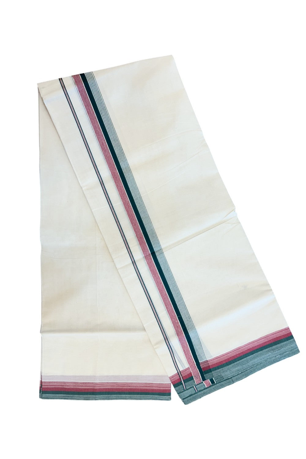 20% DISCOUNT! KaithariKada Balaramapuram 100% Cotton Double OFF WHITE (unbleached) Mundu/Dhoti- 100x80- 1.5 inch Silver Kasavu Dark Green & Dark Pink Stripes Shaded Kara 4 mtr (8.5 muzham) - 72KK5227 PMC