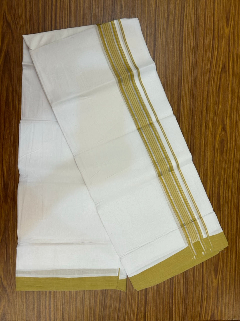 4.5 Meters (10 Muzham) - Pure white double 20% Discount ! KaithariKada Balaramapuram - 100% Pure Cotton 100x80 - Mundu/Dothi - 1.75 inch Mustard Yellow Silver Kasav Kara - 73 KK5258 THI