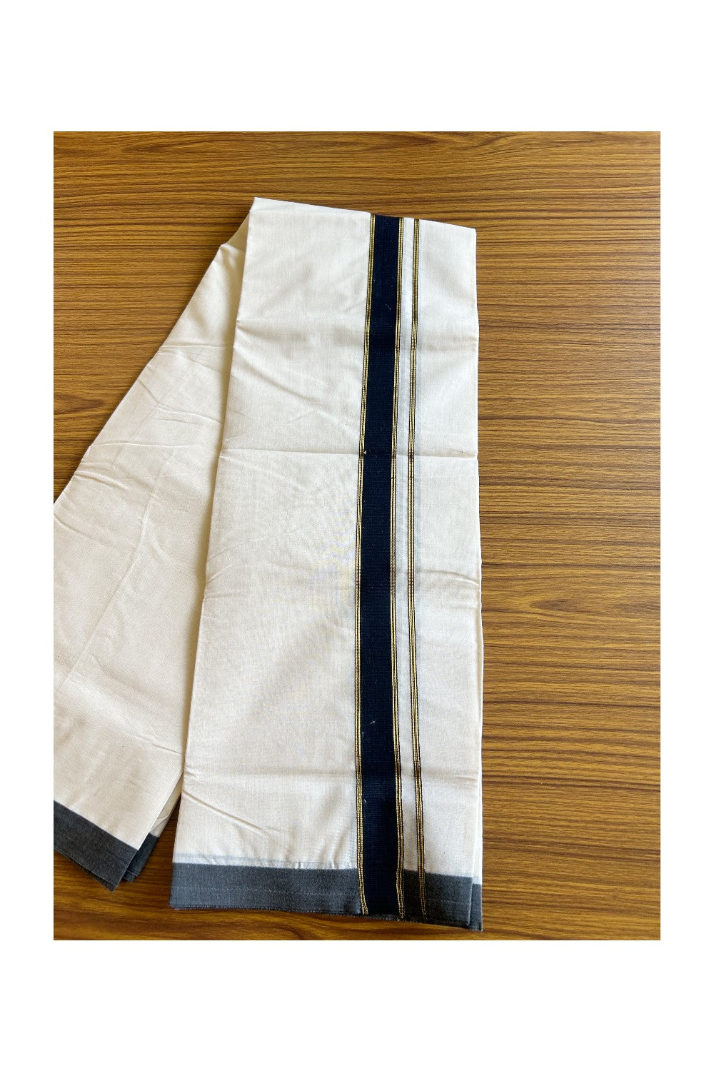 8% DISCOUNT! KaithariKada Balaramapuram 100% Cotton Double Off white - (Unbleached) Mundu/Dhoti-100X100- 1.75 inch Black & Kasavu Striped Kara 3.70 mtr (8 Muzham) - 73KK500KK