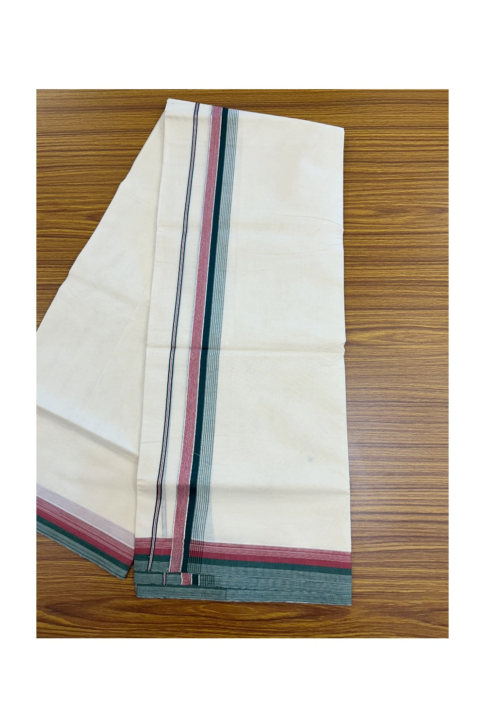 20% DISCOUNT! KaithariKada Balaramapuram 100% Cotton Double OFF WHITE (unbleached) Mundu/Dhoti- 100x80- 1.5 inch Silver Kasavu Dark Green & Dark Pink Stripes Shaded Kara 4 mtr (8.5 muzham) - 72KK5227 PMC