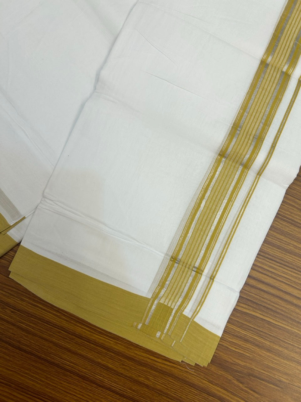 4.5 Meters (10 Muzham) - Pure white double 20% Discount ! KaithariKada Balaramapuram - 100% Pure Cotton 100x80 - Mundu/Dothi - 1.75 inch Mustard Yellow Silver Kasav Kara - 73 KK5258 THI