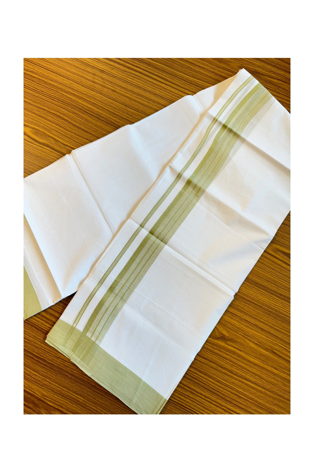 19% DISCOUNT!!! KaithariKada Balaramapuram 100% Cotton Double PURE white Mundu/Dhoti-100x100 2.25 Inch Olive green shaded kara - 73KK83VIN