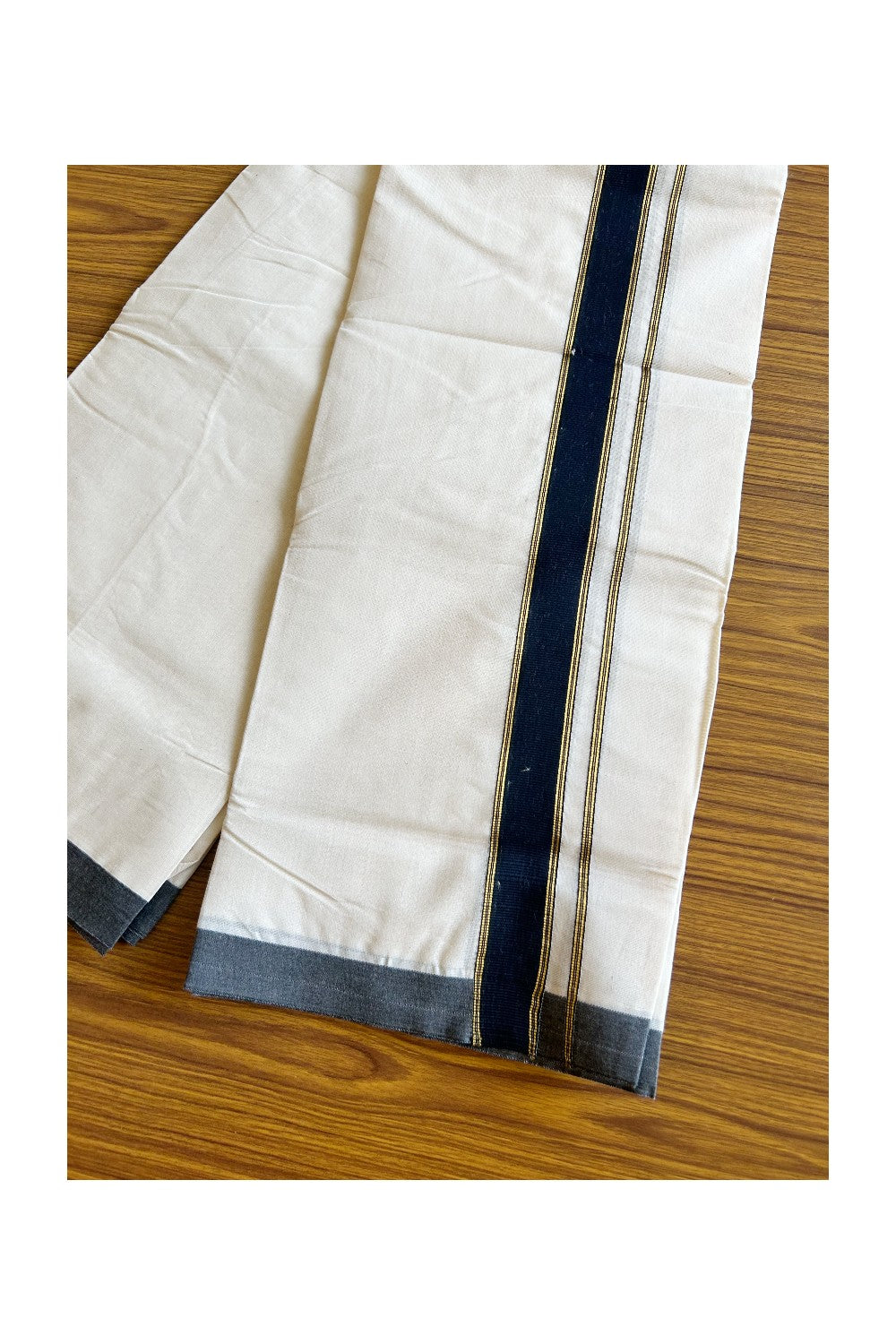 8% DISCOUNT! KaithariKada Balaramapuram 100% Cotton Double Off white - (Unbleached) Mundu/Dhoti-100X100- 1.75 inch Black & Kasavu Striped Kara 3.70 mtr (8 Muzham) - 73KK500KK