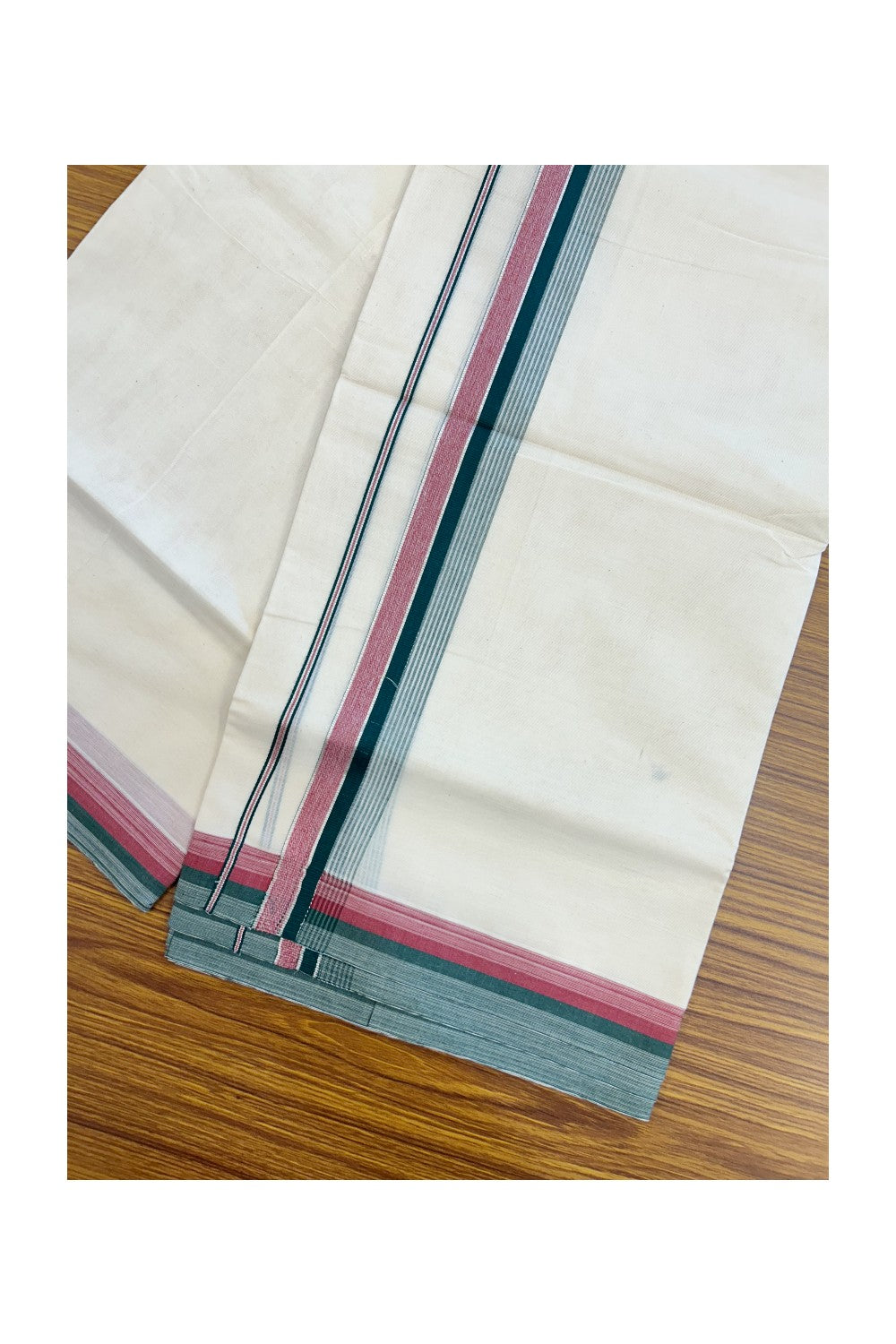20% DISCOUNT! KaithariKada Balaramapuram 100% Cotton Double OFF WHITE (unbleached) Mundu/Dhoti- 100x80- 1.5 inch Silver Kasavu Dark Green & Dark Pink Stripes Shaded Kara 4 mtr (8.5 muzham) - 72KK5227 PMC