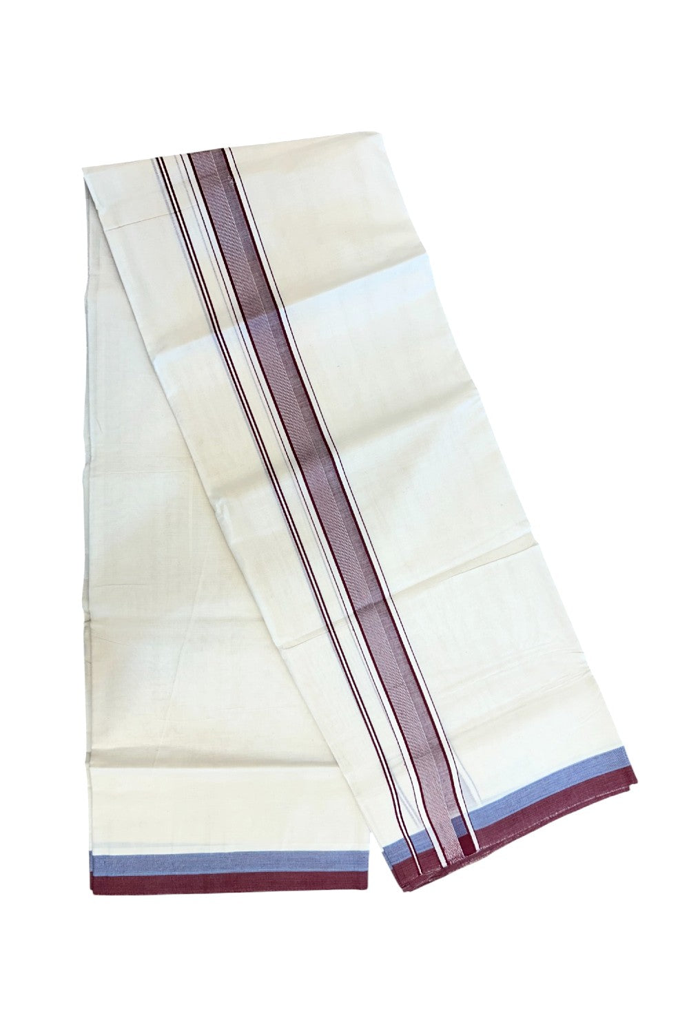 20% DISCOUNT!! KaithariKada Balaramapuram 100% Cotton OFF WHITE Double - (Unbleached) Mundu/Dhoti - 100X80 - 1.5 inch Maroon Shaded Kara with Side Stripes - 74KK5213 VIN