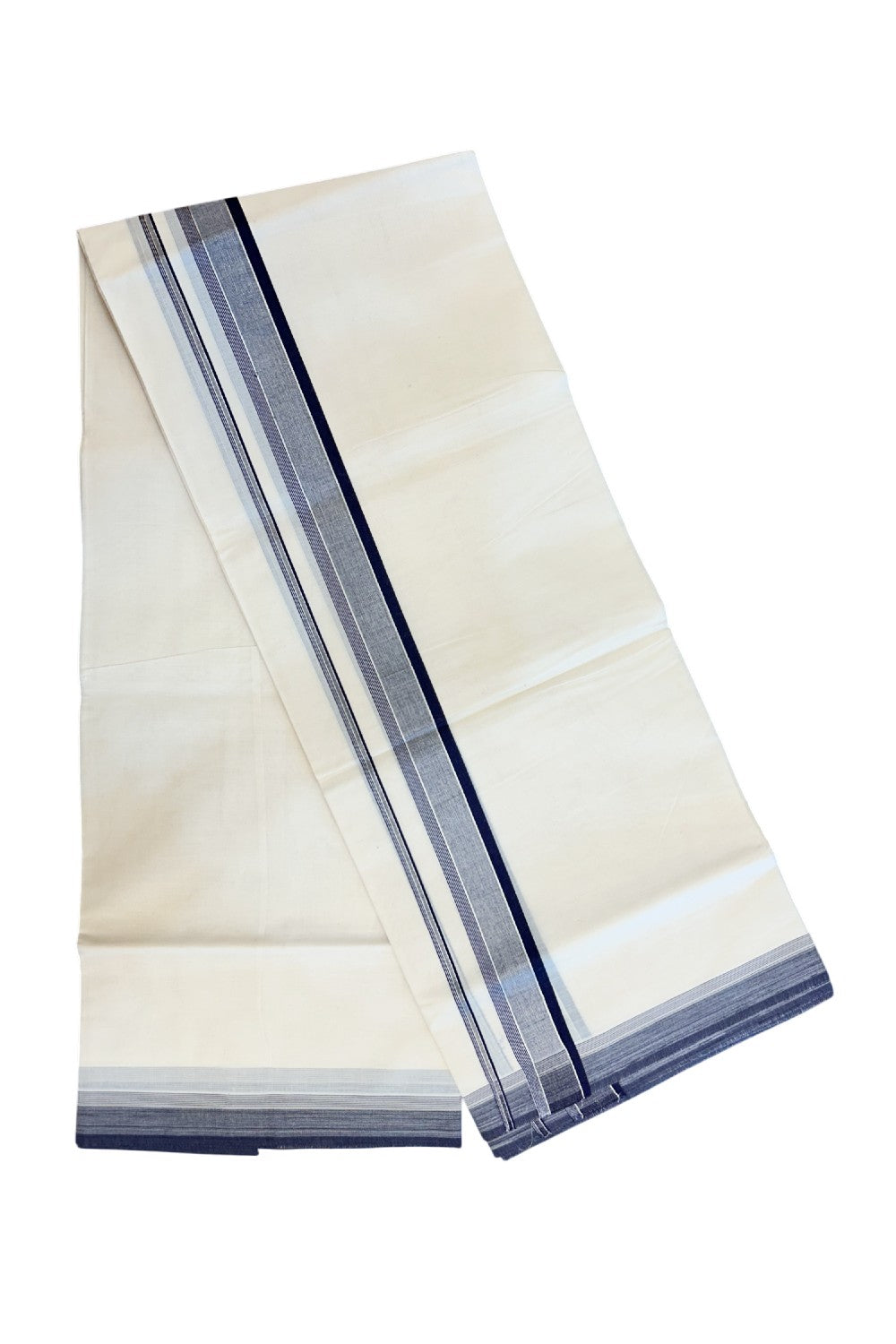 20% DISCOUNT! KaithariKada Balaramapuram 100% Cotton Double OFF WHITE (unbleached) Mundu/Dhoti- 100x80- 1.75 inch Silver Kasavu Navy Blue Stripes Shaded Kara 4 mtr (8.5 muzham) - 73KK5227 PMC