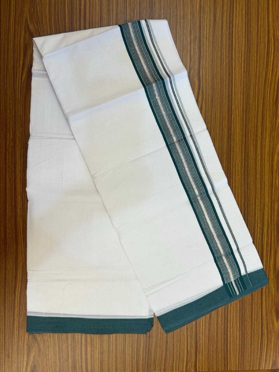 4.5 Meters (10 Muzham) - Pure white double 20% Discount ! KaithariKada Balaramapuram - 100% Pure Cotton 100x80 - Mundu/Dothi - 1.75 inch Dark Green Silver Kasav Kara - 74 KK5258 THI