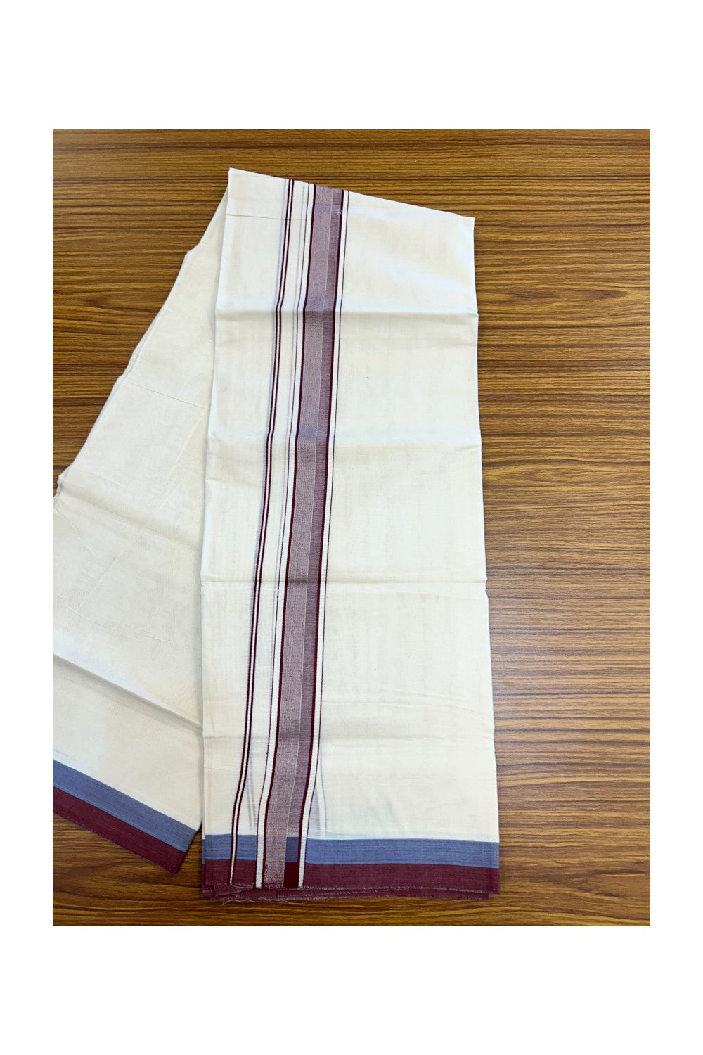 20% DISCOUNT!! KaithariKada Balaramapuram 100% Cotton OFF WHITE Double - (Unbleached) Mundu/Dhoti - 100X80 - 1.5 inch Maroon Shaded Kara with Side Stripes - 74KK5213 VIN