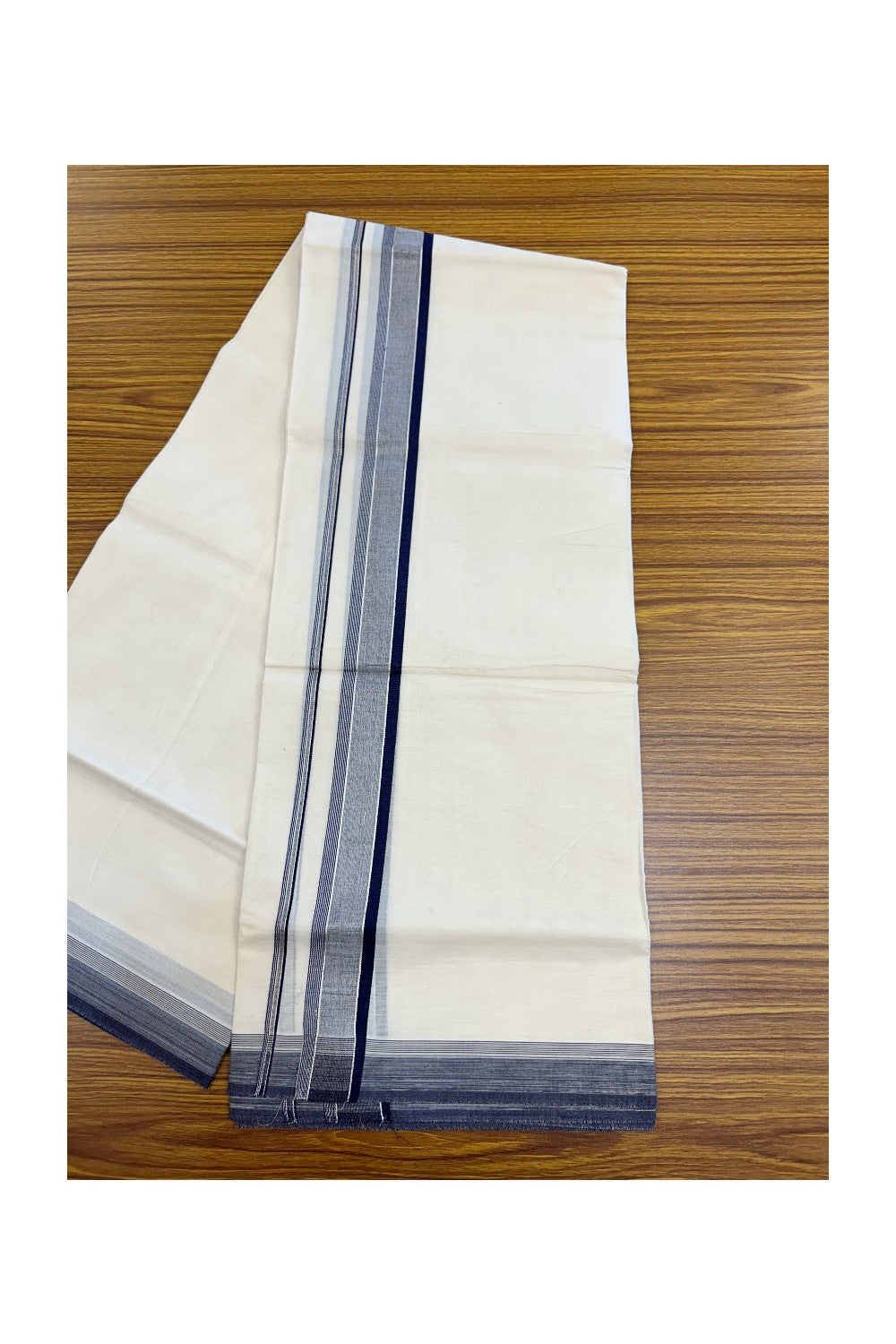 20% DISCOUNT! KaithariKada Balaramapuram 100% Cotton Double OFF WHITE (unbleached) Mundu/Dhoti- 100x80- 1.75 inch Silver Kasavu Navy Blue Stripes Shaded Kara 4 mtr (8.5 muzham) - 73KK5227 PMC