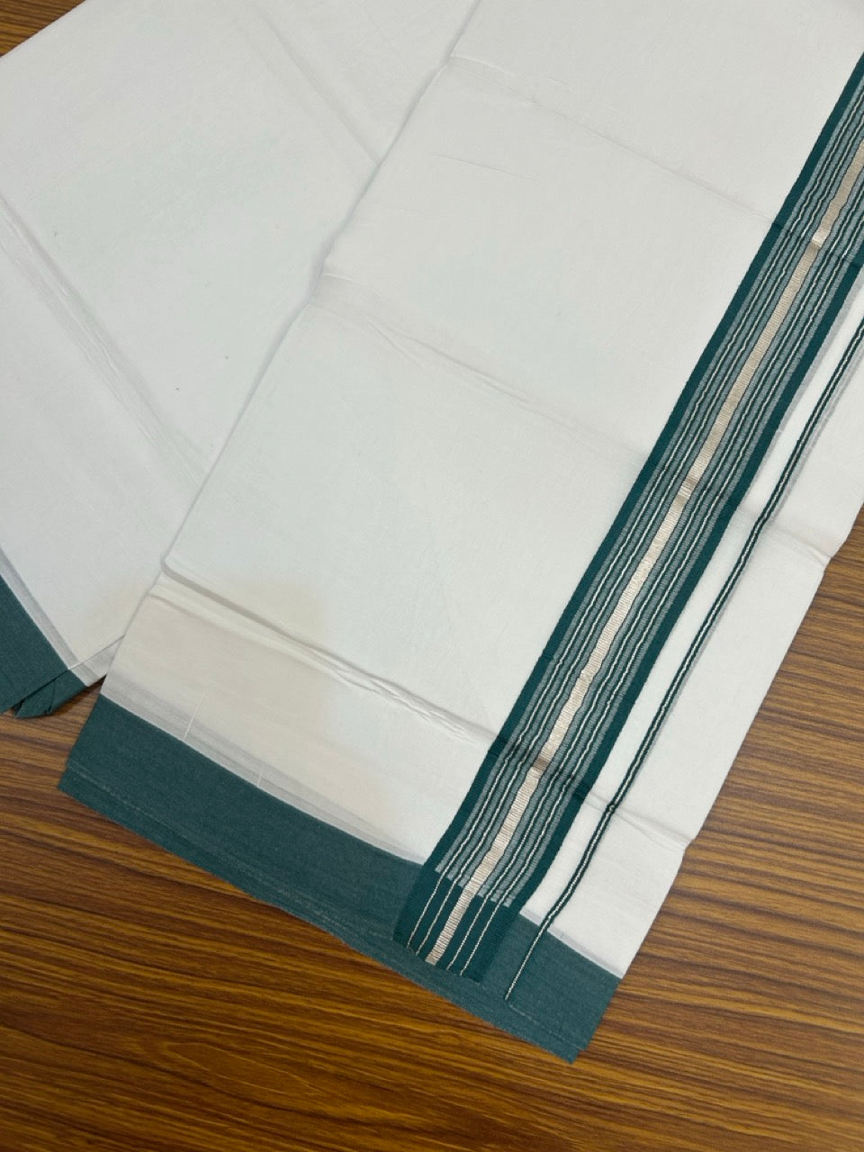 4.5 Meters (10 Muzham) - Pure white double 20% Discount ! KaithariKada Balaramapuram - 100% Pure Cotton 100x80 - Mundu/Dothi - 1.75 inch Dark Green Silver Kasav Kara - 74 KK5258 THI