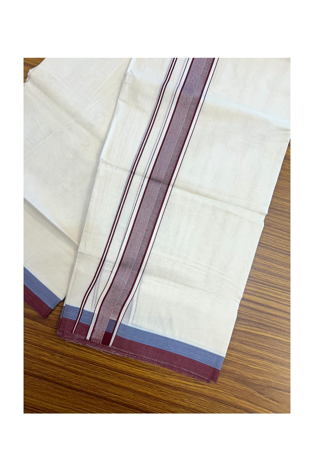 20% DISCOUNT!! KaithariKada Balaramapuram 100% Cotton OFF WHITE Double - (Unbleached) Mundu/Dhoti - 100X80 - 1.5 inch Maroon Shaded Kara with Side Stripes - 74KK5213 VIN