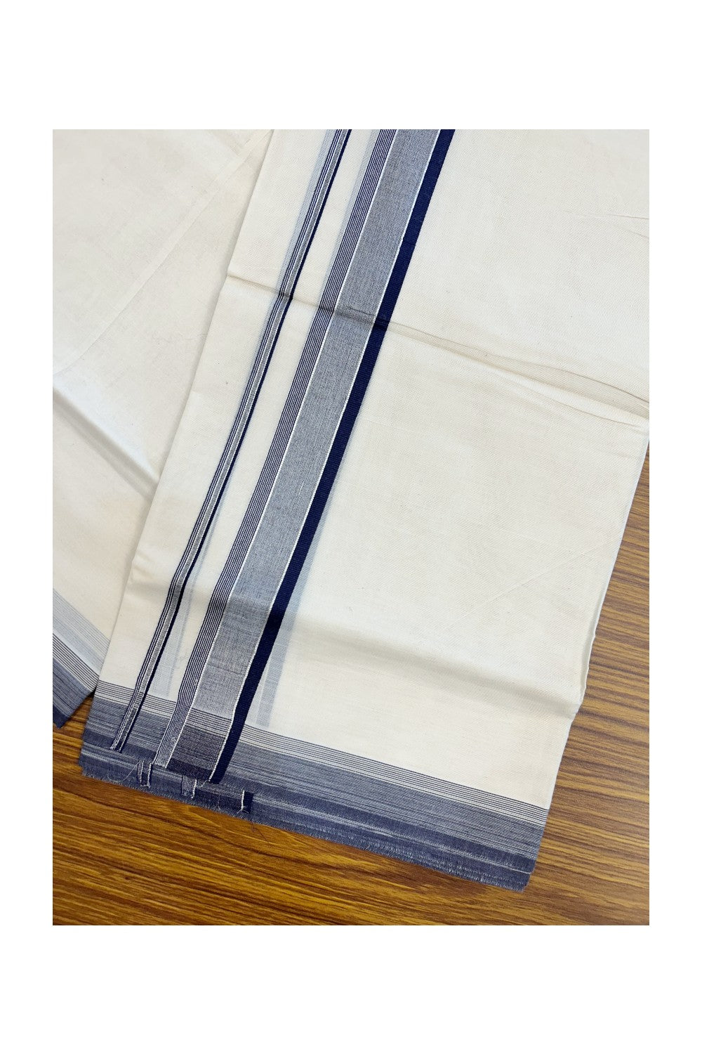 20% DISCOUNT! KaithariKada Balaramapuram 100% Cotton Double OFF WHITE (unbleached) Mundu/Dhoti- 100x80- 1.75 inch Silver Kasavu Navy Blue Stripes Shaded Kara 4 mtr (8.5 muzham) - 73KK5227 PMC