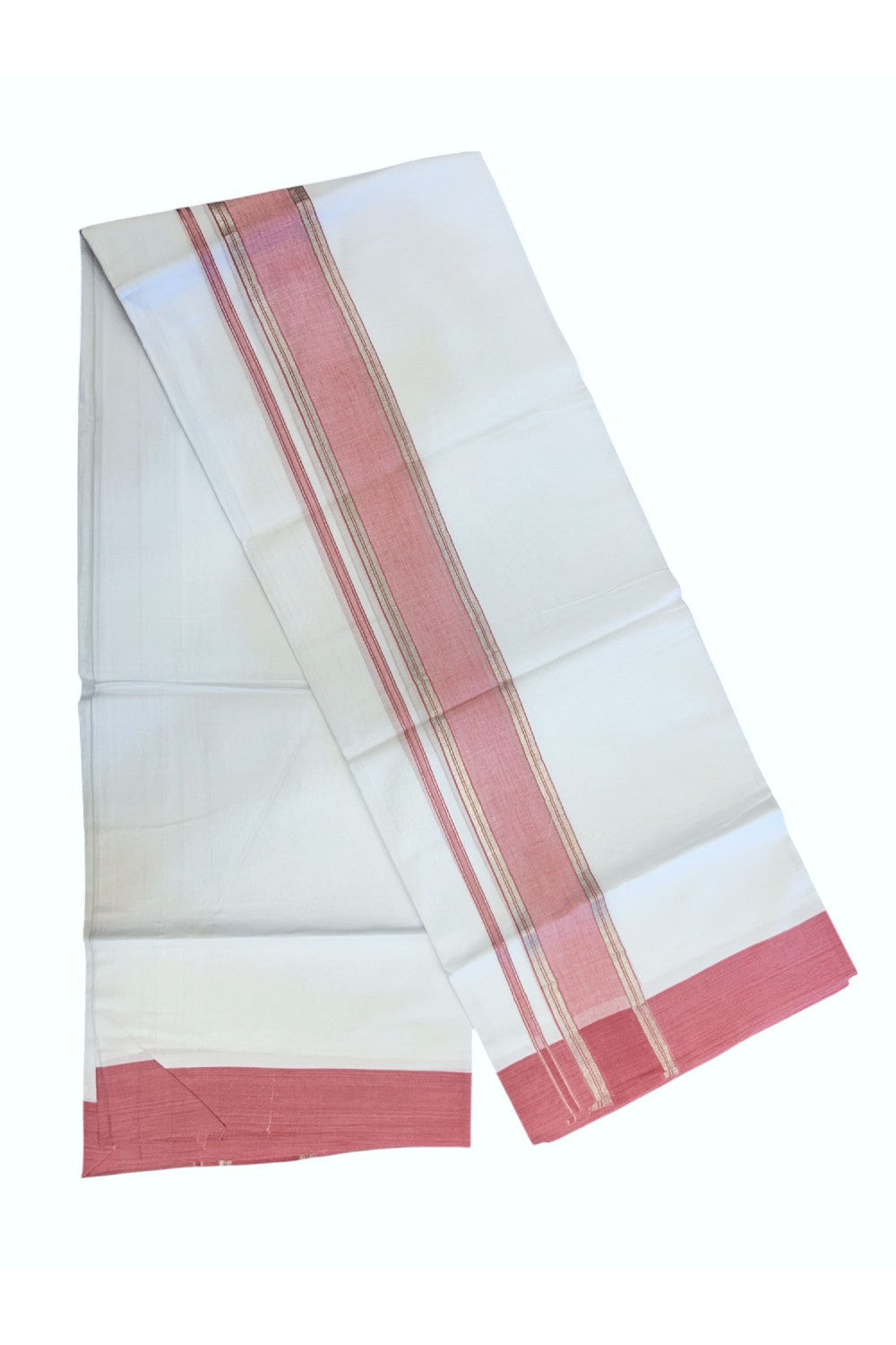 20% DISCOUNT !! KaithariKada Balaramapuram 100% Cotton Double PURE WHITE Mundu/Dhoti - 100X80 - 2.25 inch Pink Shaded & Silver Kasav Kara - 75KK5213 VIN