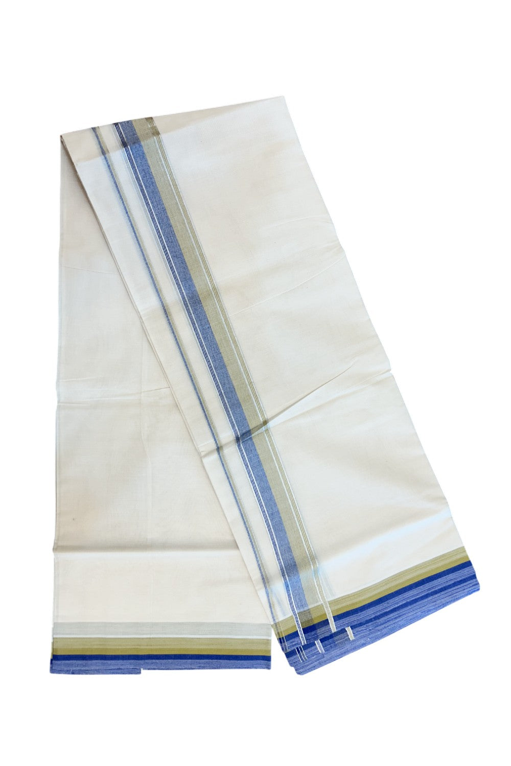 20% Discount! KaithariKada Balaramapuram 100% Cotton Double OFF WHITE (unbleached) Mundu/Dhoti- 100x80- 1.75 inch Silver Kasavu Royal Blue & Dark Beige Stripes Shaded Kara 4 mtr (8.5 muzham) - 74KK5227 PMC