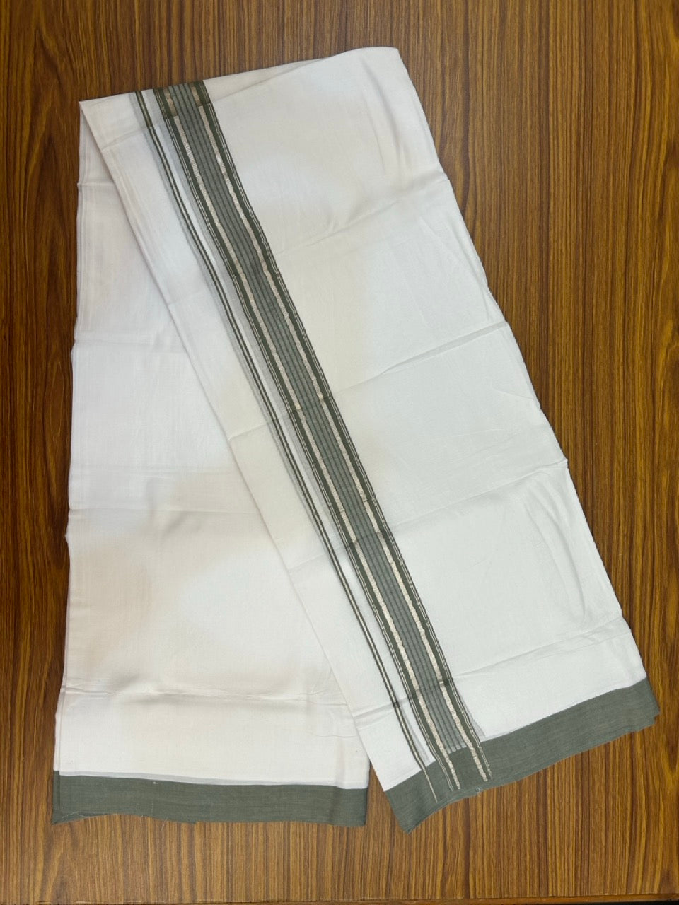 4.5 Meters (10 Muzham) - Pure white double 20% Discount ! KaithariKada Balaramapuram - 100% Pure Cotton 100x80 - Mundu/Dothi - 1.75 inch Sage Green Silver Kasav Kara - 75 KK5258 THI