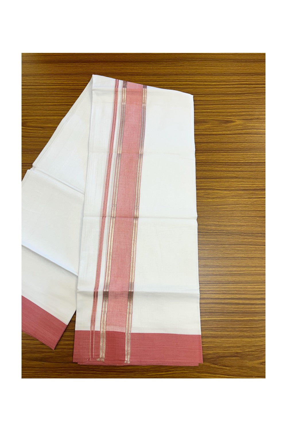 20% DISCOUNT !! KaithariKada Balaramapuram 100% Cotton Double PURE WHITE Mundu/Dhoti - 100X80 - 2.25 inch Pink Shaded & Silver Kasav Kara - 75KK5213 VIN