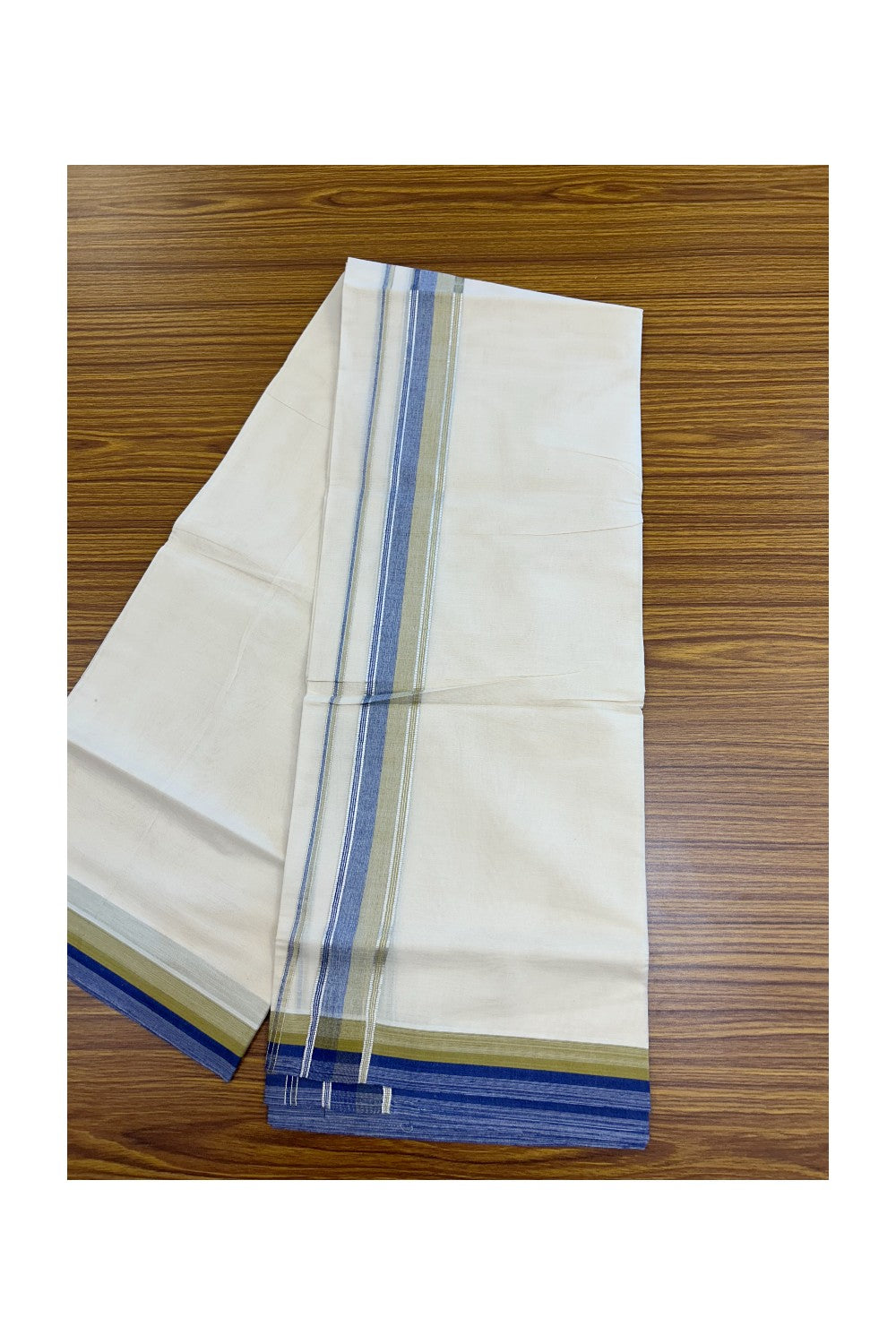 20% Discount! KaithariKada Balaramapuram 100% Cotton Double OFF WHITE (unbleached) Mundu/Dhoti- 100x80- 1.75 inch Silver Kasavu Royal Blue & Dark Beige Stripes Shaded Kara 4 mtr (8.5 muzham) - 74KK5227 PMC