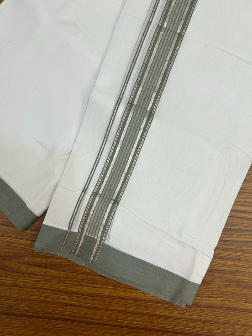 4.5 Meters (10 Muzham) - Pure white double 20% Discount ! KaithariKada Balaramapuram - 100% Pure Cotton 100x80 - Mundu/Dothi - 1.75 inch Sage Green Silver Kasav Kara - 75 KK5258 THI