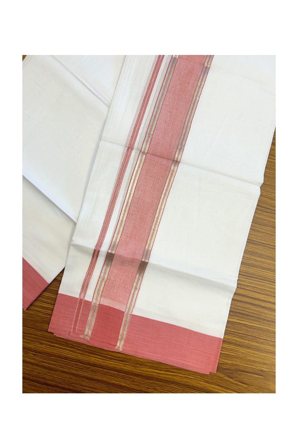 20% DISCOUNT !! KaithariKada Balaramapuram 100% Cotton Double PURE WHITE Mundu/Dhoti - 100X80 - 2.25 inch Pink Shaded & Silver Kasav Kara - 75KK5213 VIN