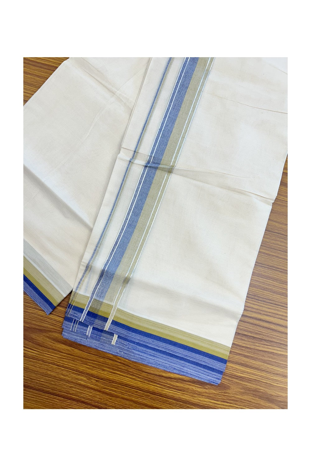 20% Discount! KaithariKada Balaramapuram 100% Cotton Double OFF WHITE (unbleached) Mundu/Dhoti- 100x80- 1.75 inch Silver Kasavu Royal Blue & Dark Beige Stripes Shaded Kara 4 mtr (8.5 muzham) - 74KK5227 PMC