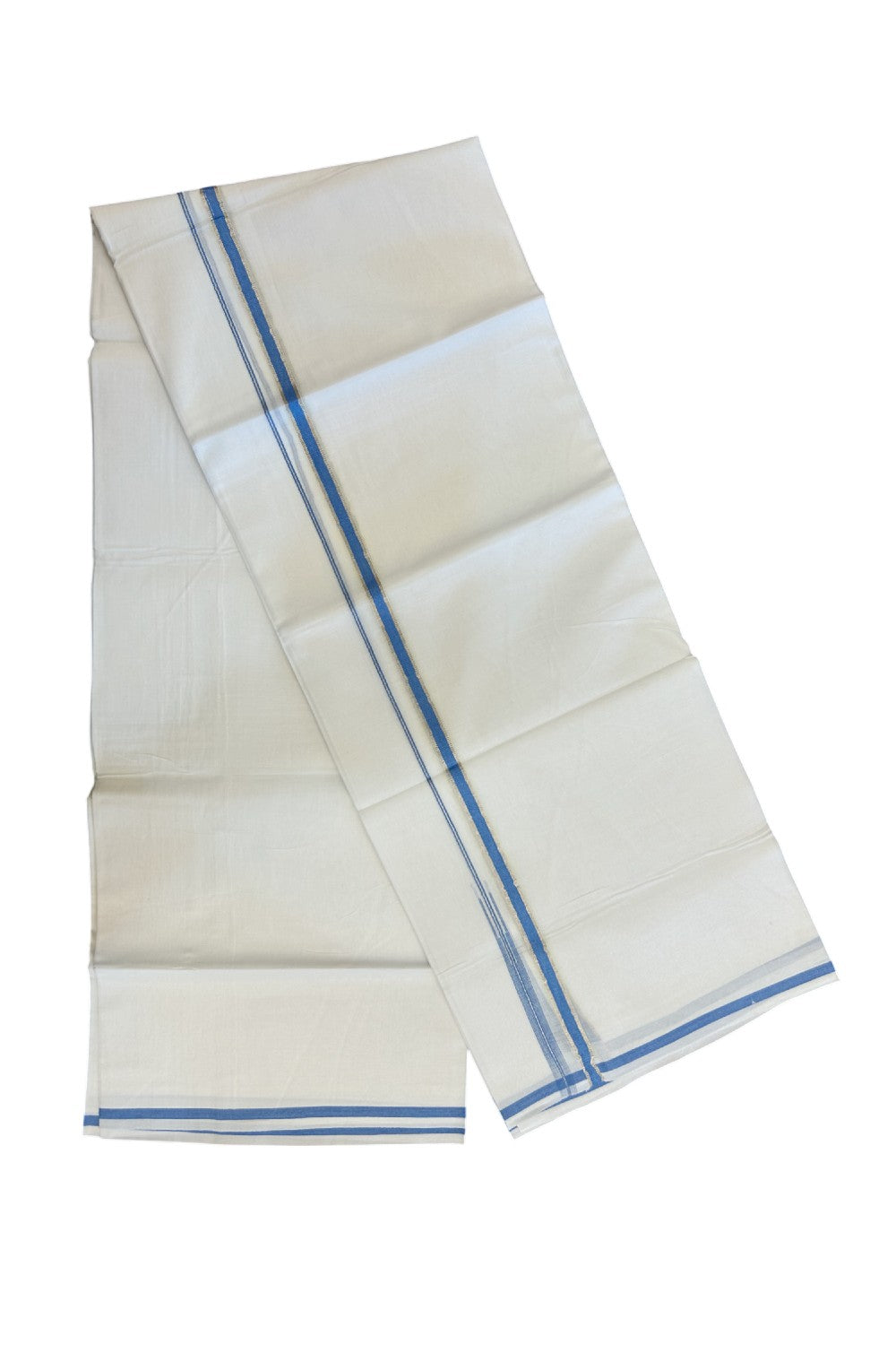 20% Discount ! Kaitharikada Balaramapuram 100% Cotton PURE WHITE Double Mundu/Dothi - 100x90 - 1 cm Silver Kasavu & Light Blue Chutty Kara - 76KK5217 CKS